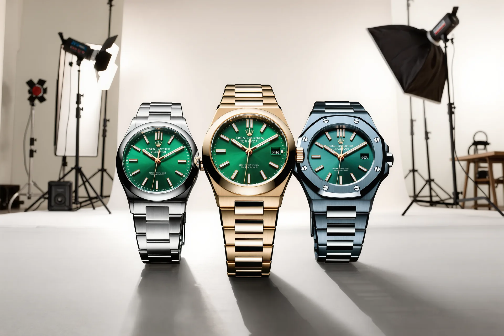 Trois montres alignées aux boîtiers d'acier, d'or et de titane, sous une lumière d'atelier révélant chaque finition