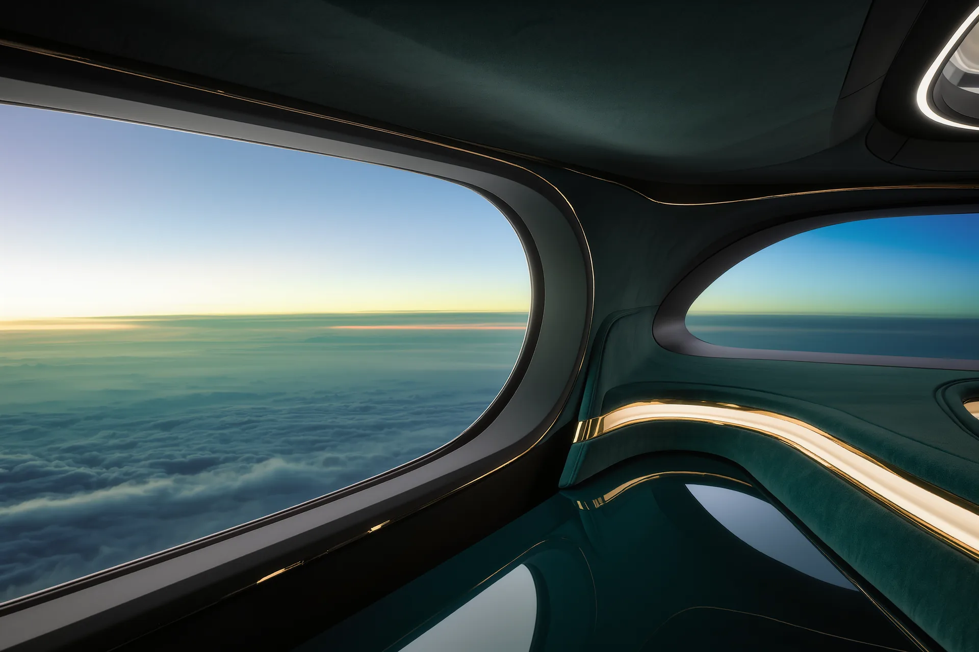 Fenêtre d'avion à l'aube, ciel dégradé au-dessus des nuages, cabine encore dans la pénombre