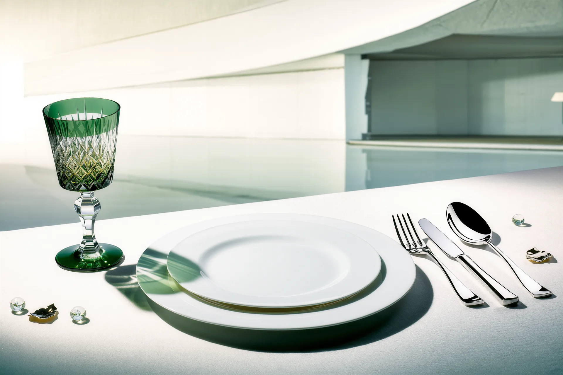 Assiettes de porcelaine blanche, couverts d'argent et verres de cristal disposés sur une nappe claire