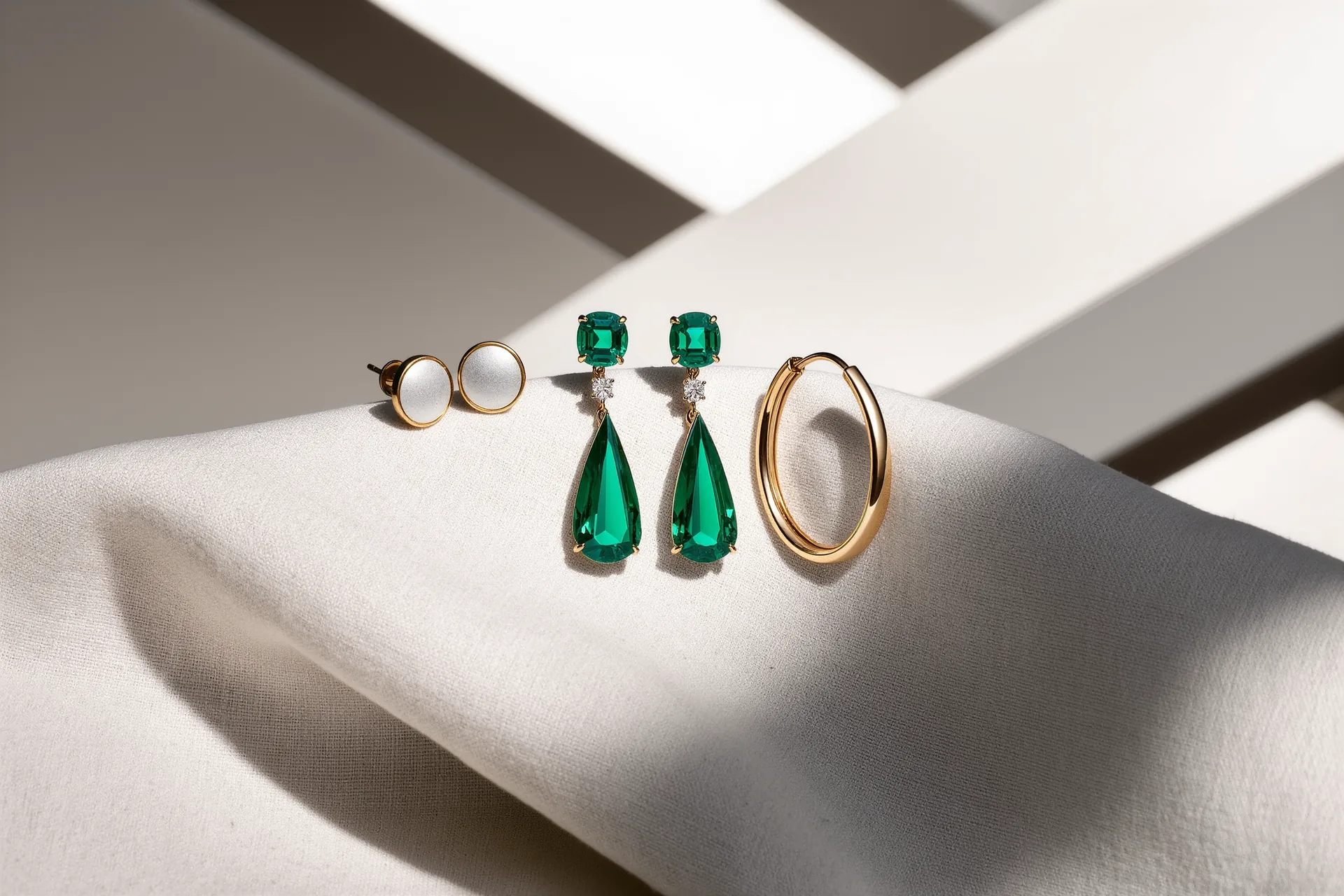 Trois paires de boucles d'oreilles, puces, pendantes et créoles, alignées sur du lin.