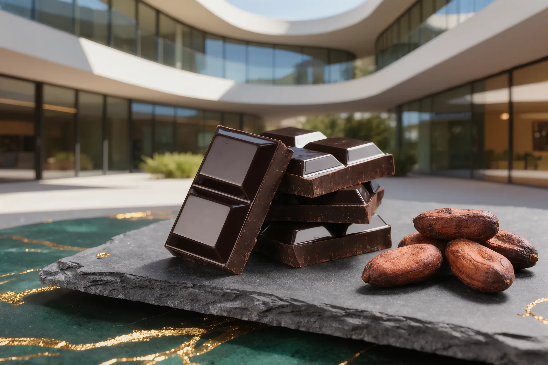 Des carrés de chocolat noir aux reflets brillants disposés sur une ardoise sombre près de fèves de cacao