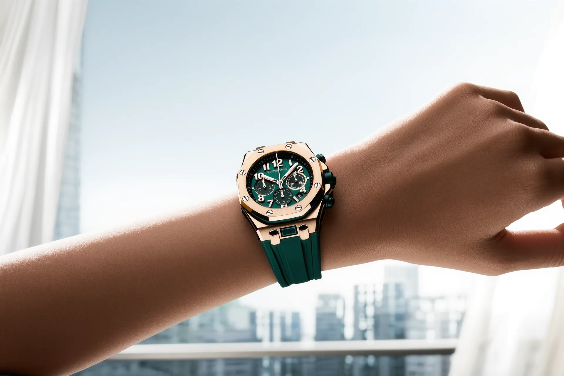 Chronographe au poignet, poussoirs et compteurs bien visibles, aiguille centrale figée sur le cadran