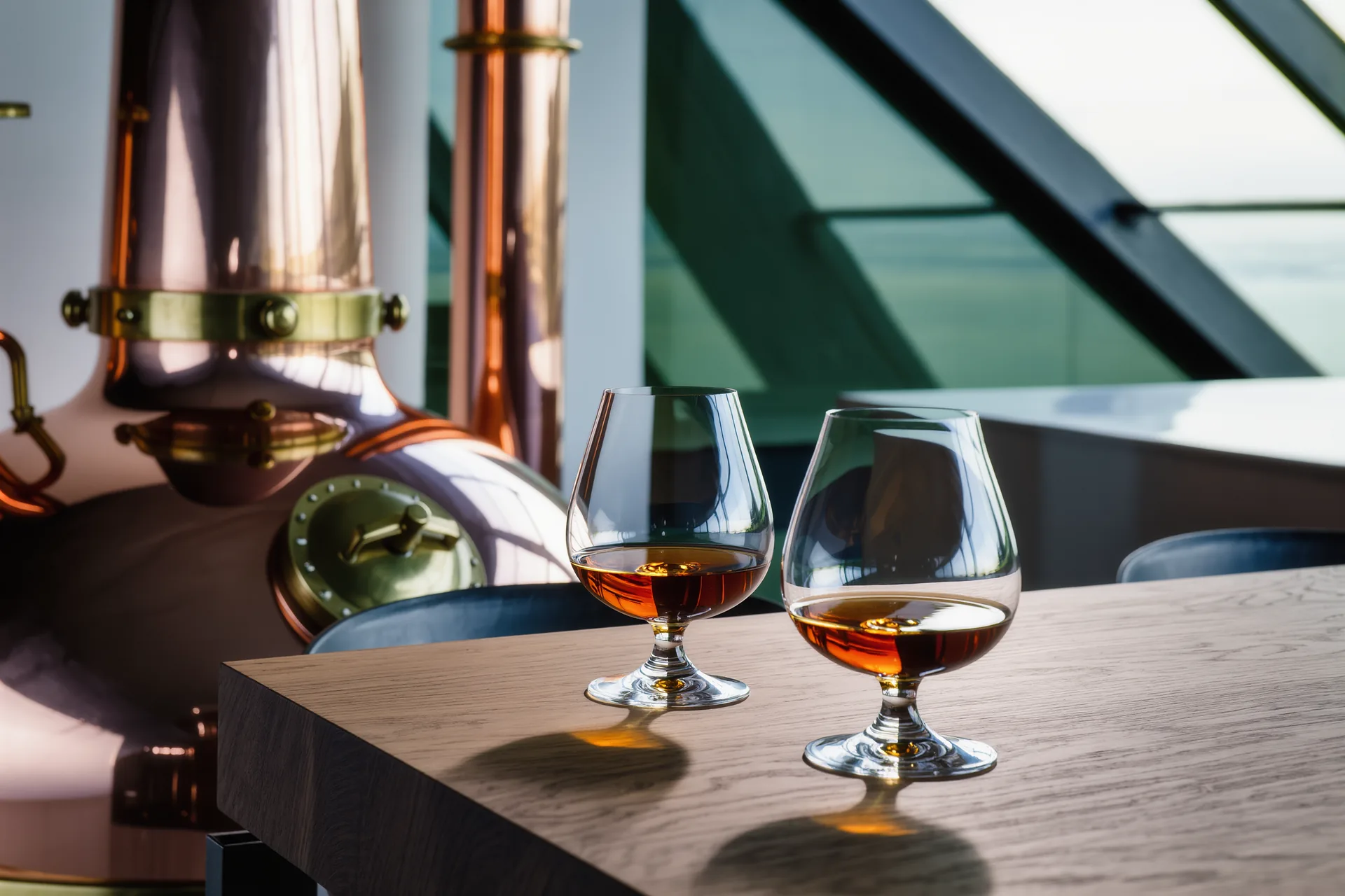 Deux verres à dégustation d'eau-de-vie ambrée côte à côte sur une table de chêne, alambic en cuivre à l'arrière-plan