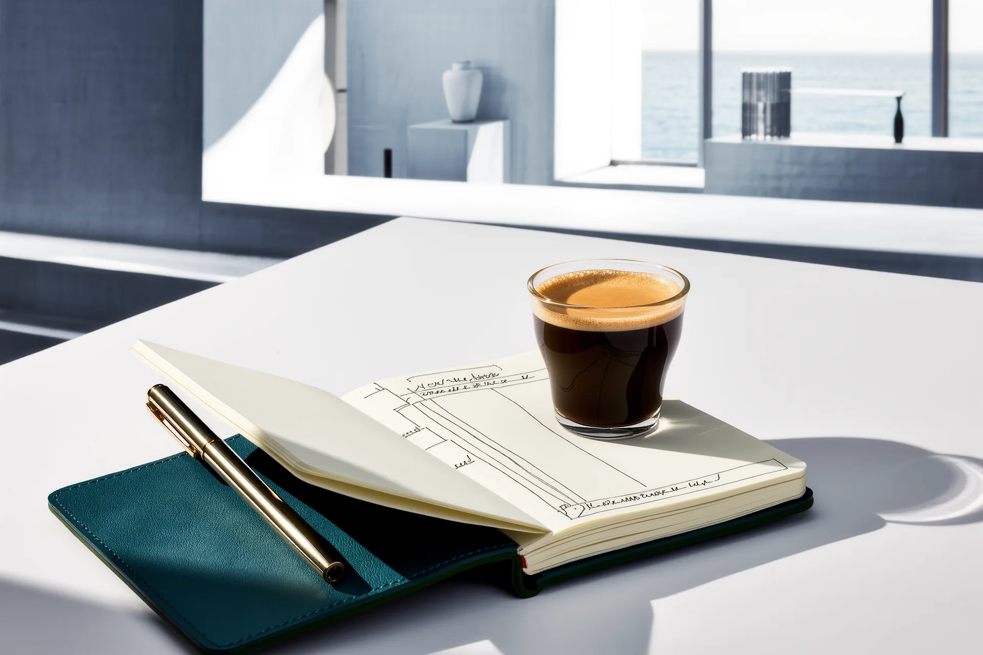 Carnet de voyage ouvert avec un tracé d'itinéraire dessiné à la main, à côté d'une tasse de café