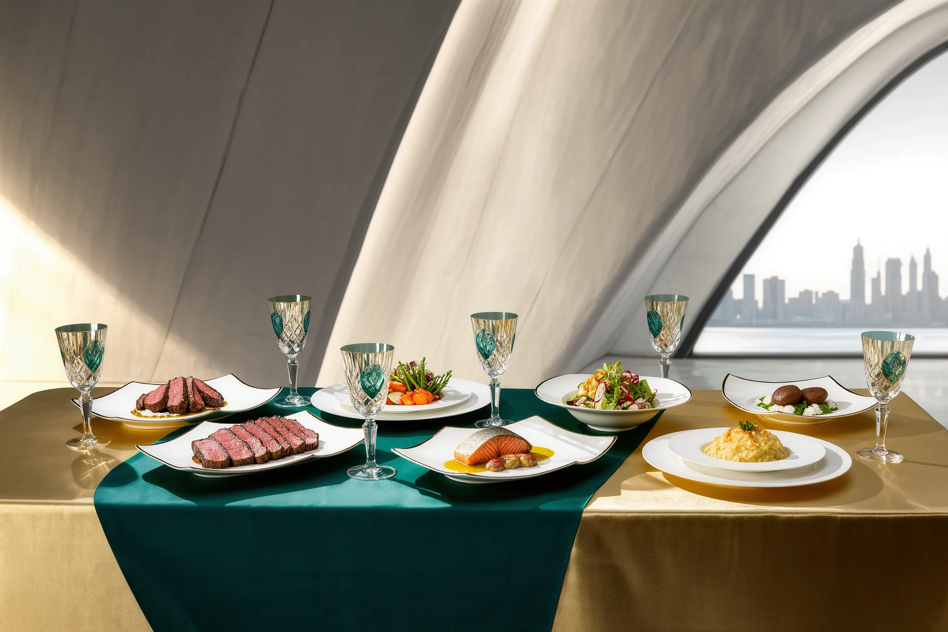 Table de dîner dressée pour plusieurs services, assiettes et verres en enfilade sous une lumière chaleureuse