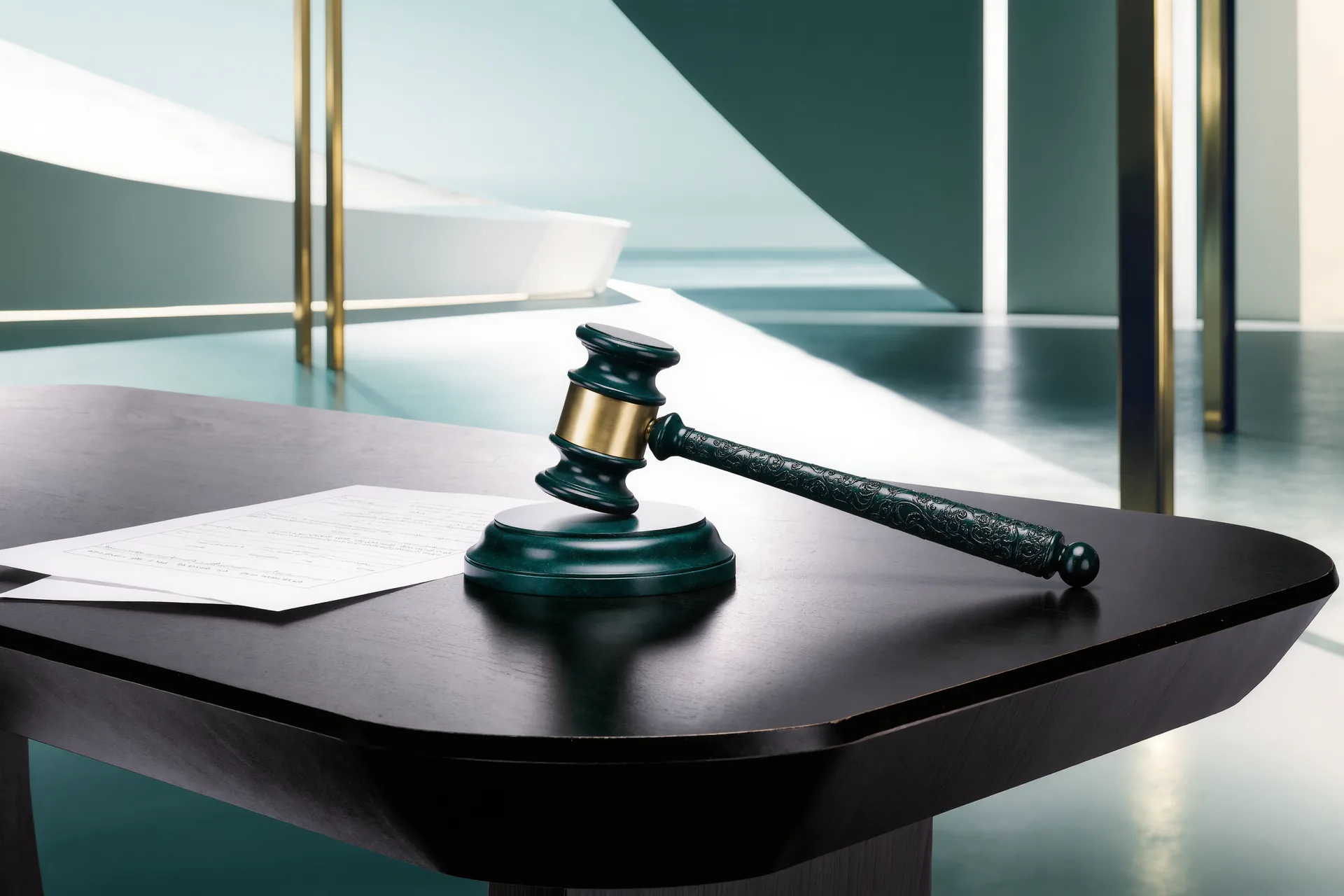 Marteau de commissaire-priseur près d'une fiche de vente automobile sur une table de bois sombre