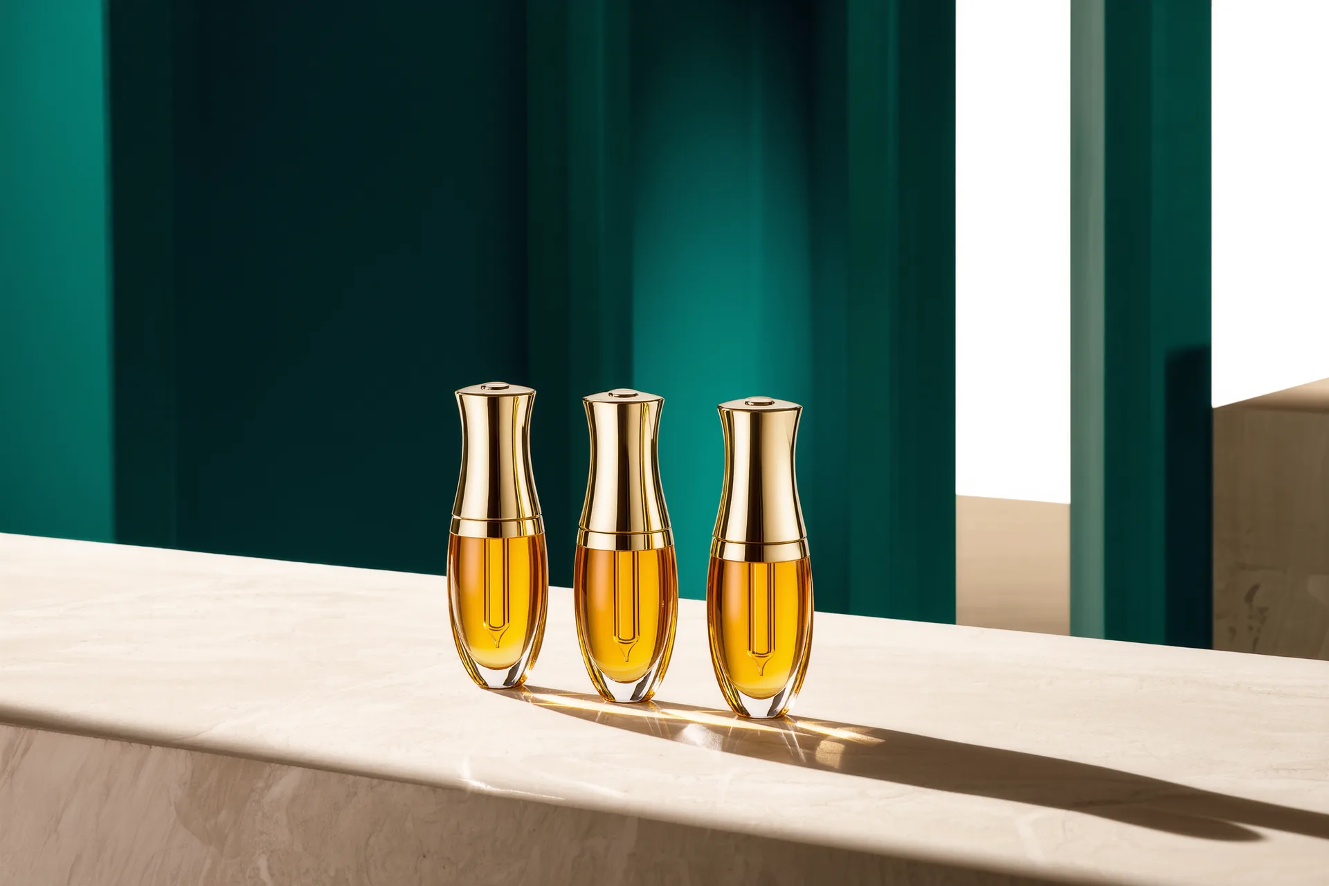 Trois pipettes de sérum ambré alignées sur une surface de pierre claire, reflets de lumière naturelle