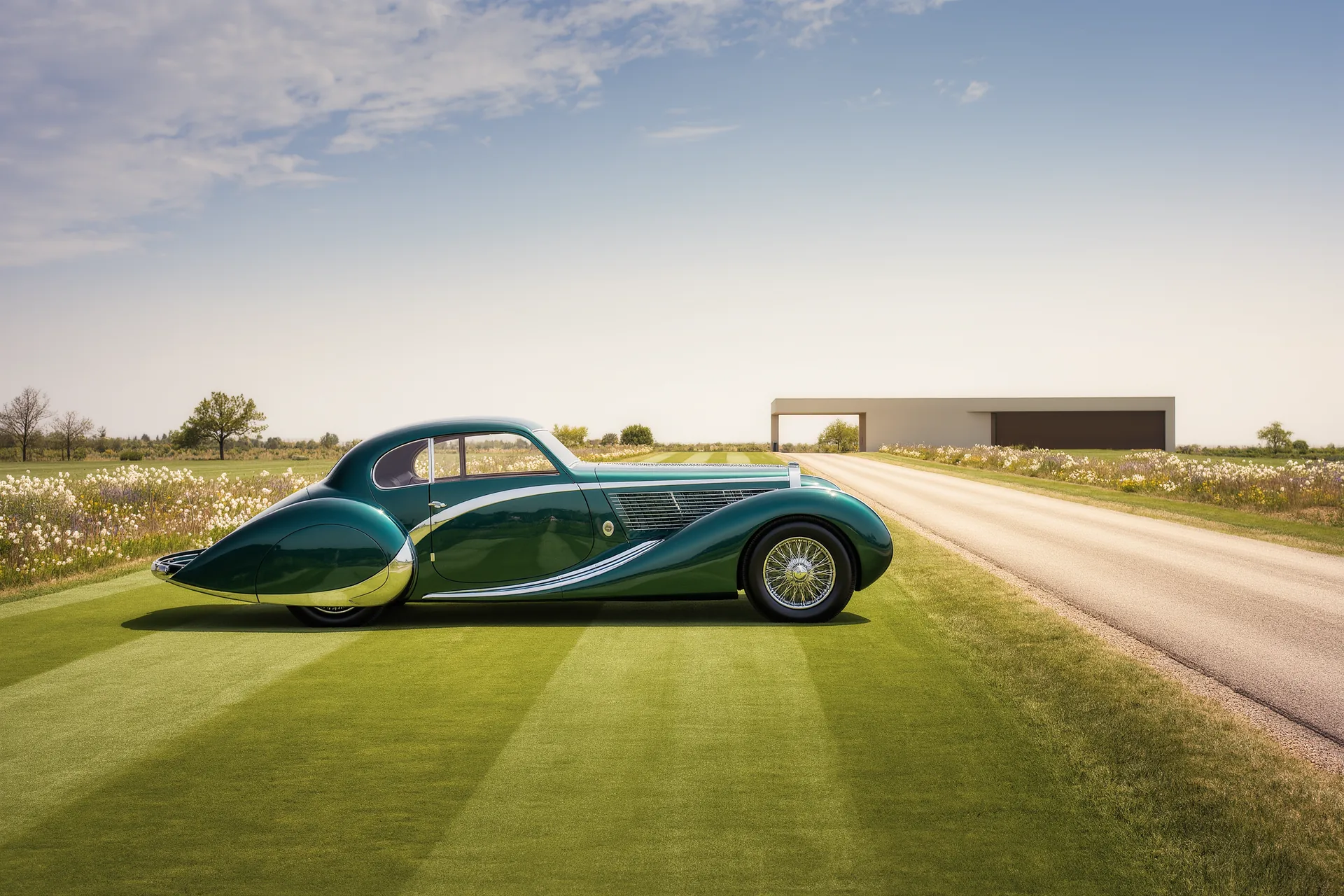 Voiture ancienne impeccable sur une pelouse de concours, à côté d'une route de campagne ensoleillée