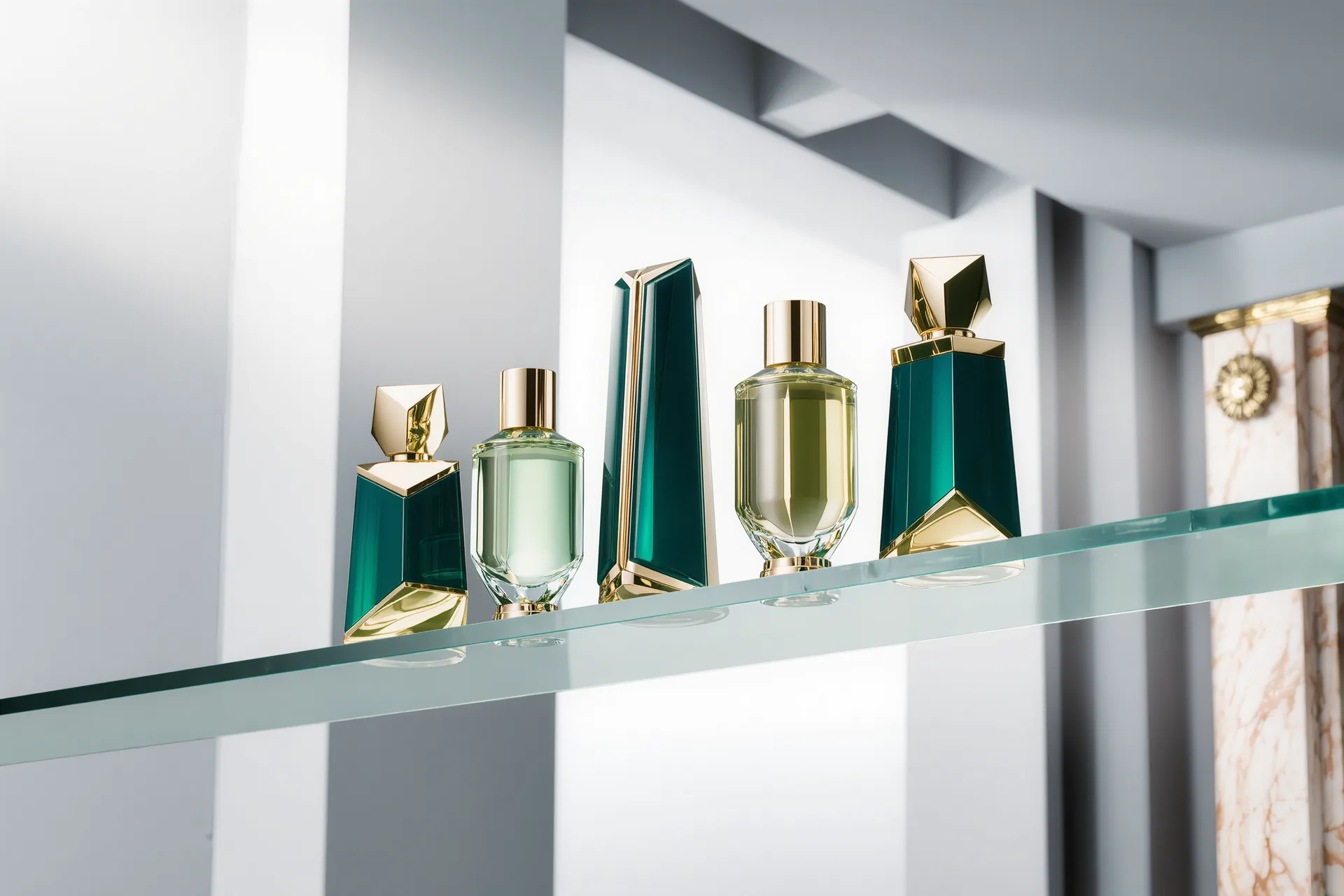 Une collection de flacons de parfum alignés sur une étagère de verre discrètement éclairée