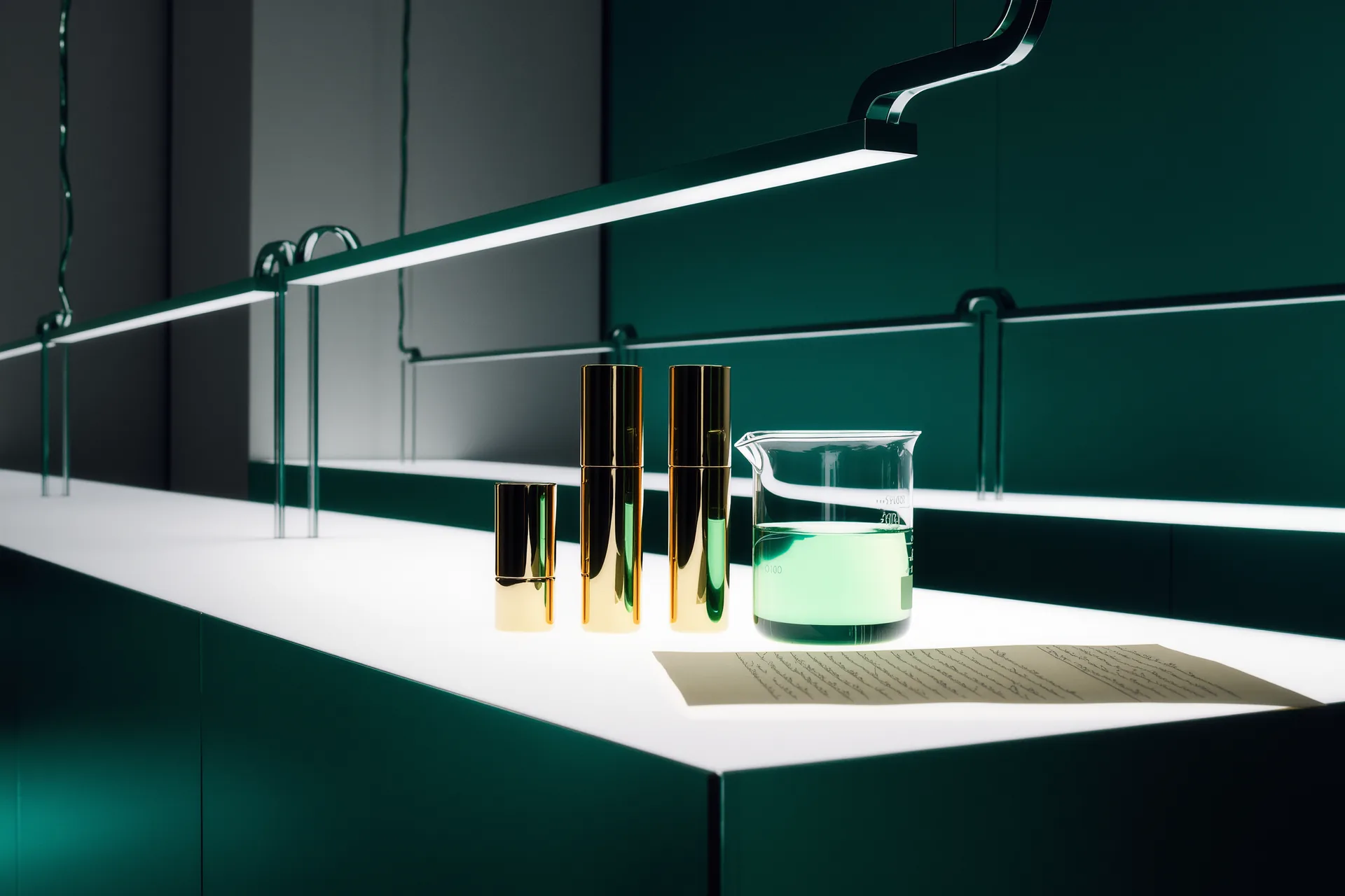 Paillasse de laboratoire cosmétique avec béchers, formules manuscrites et flacons sobres sans étiquette, lumière clinique douce