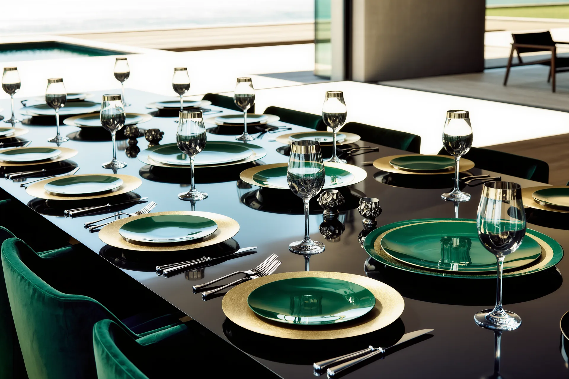 Une table de dîner dressée avec soin, assiettes alignées, couverts et verres en place sous une lumière douce