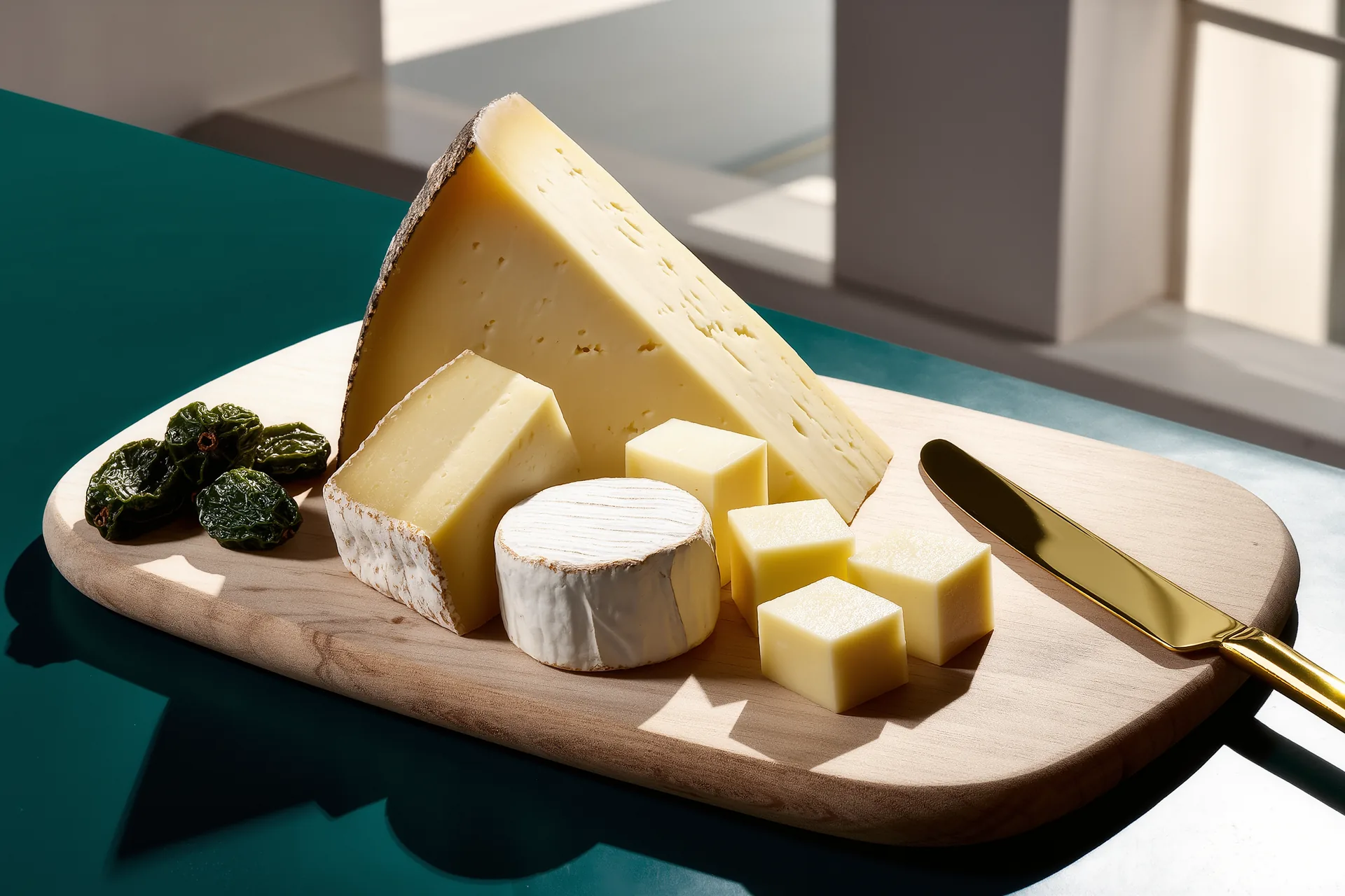 Un plateau de fromages variés disposés sur une planche de bois clair avec un couteau et quelques fruits secs