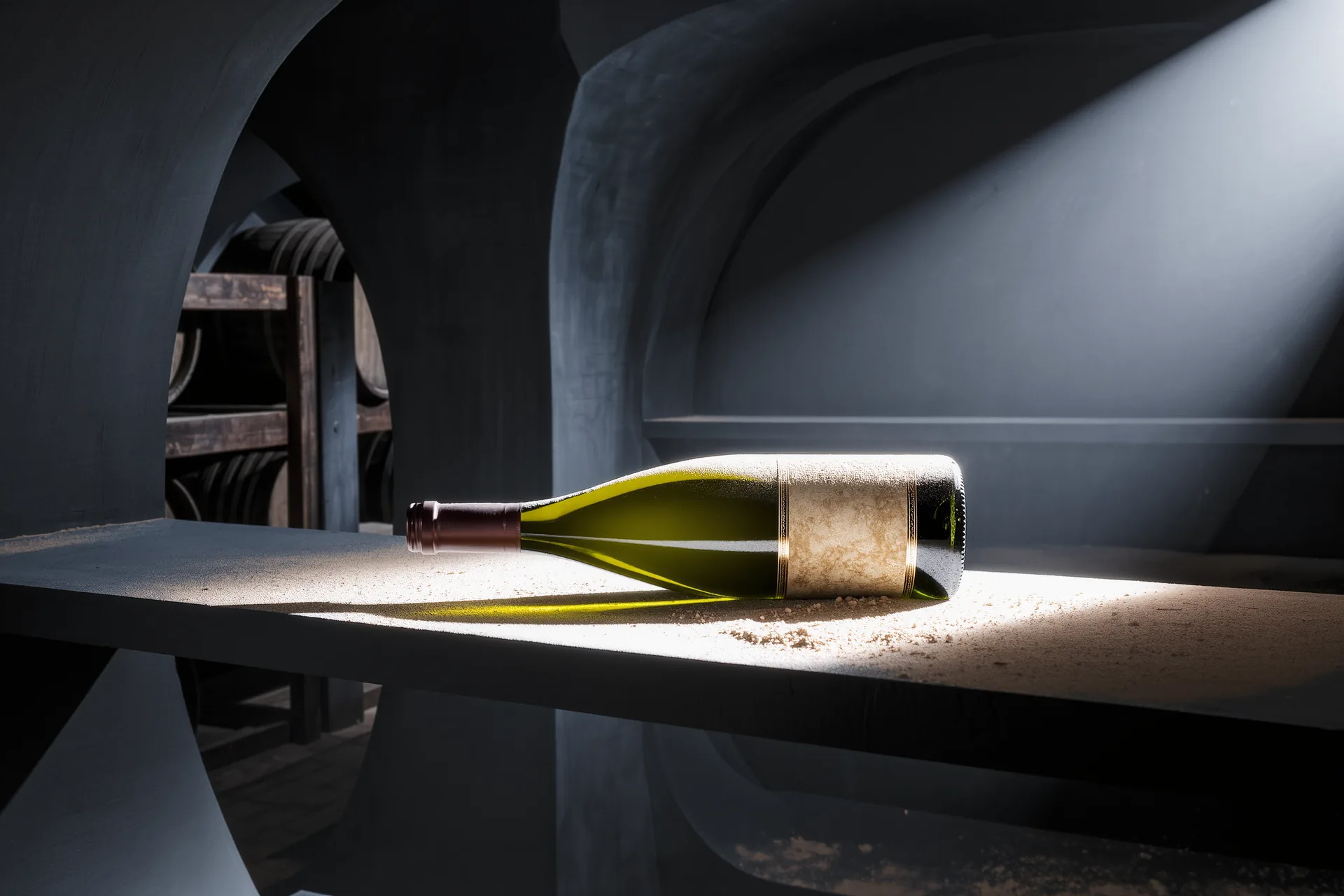 Bouteille couchée dans un casier poussiéreux, étiquette patinée, éclairée par un rai de lumière dans une cave sombre