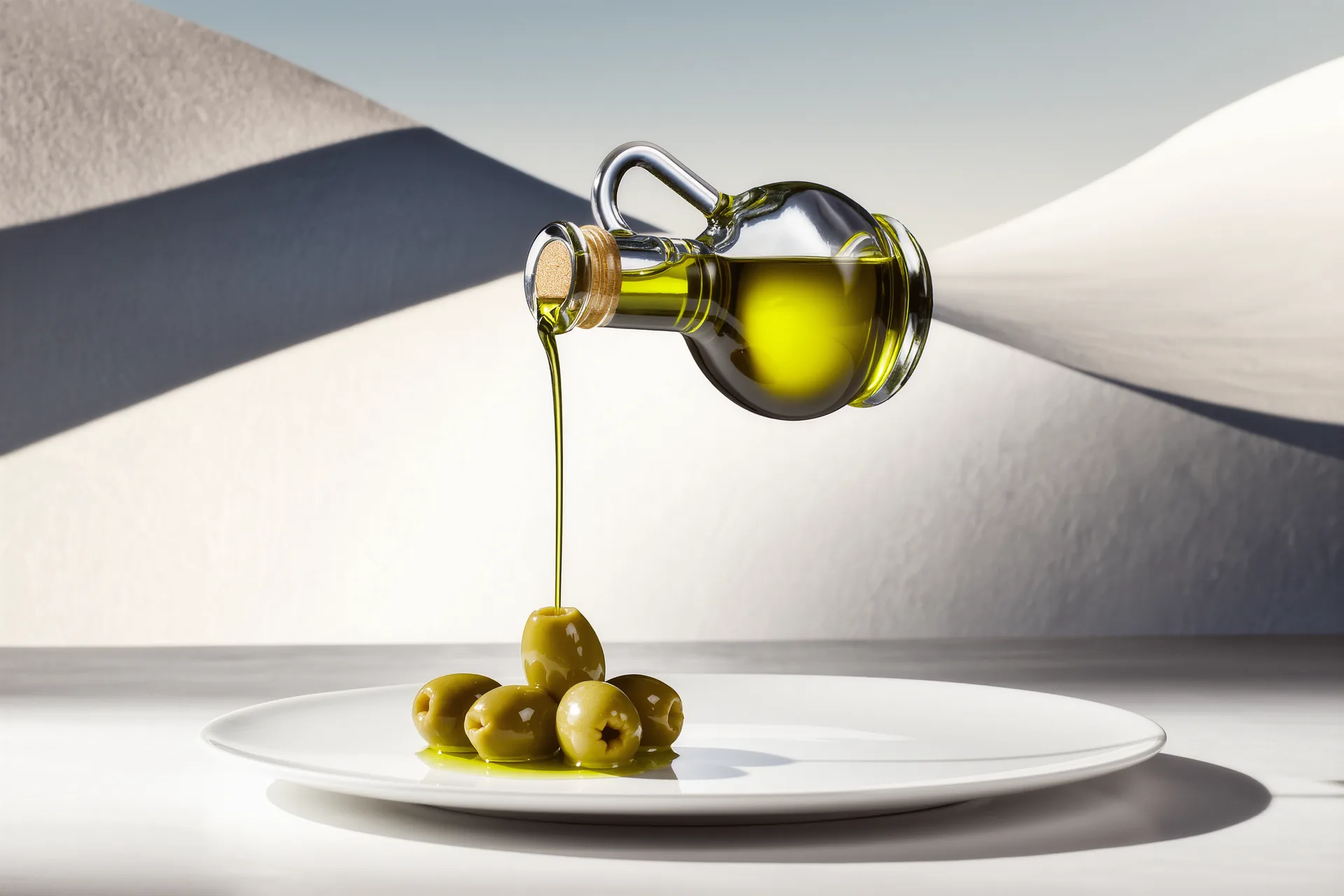 Un filet d'huile d'olive verte coule d'une petite carafe sur une assiette blanche près d'olives fraîches