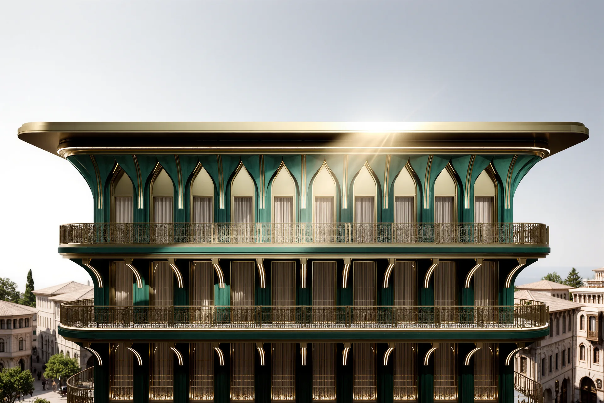 Façade haussmannienne au soleil rasant, balcons filants du deuxième et du cinquième étage