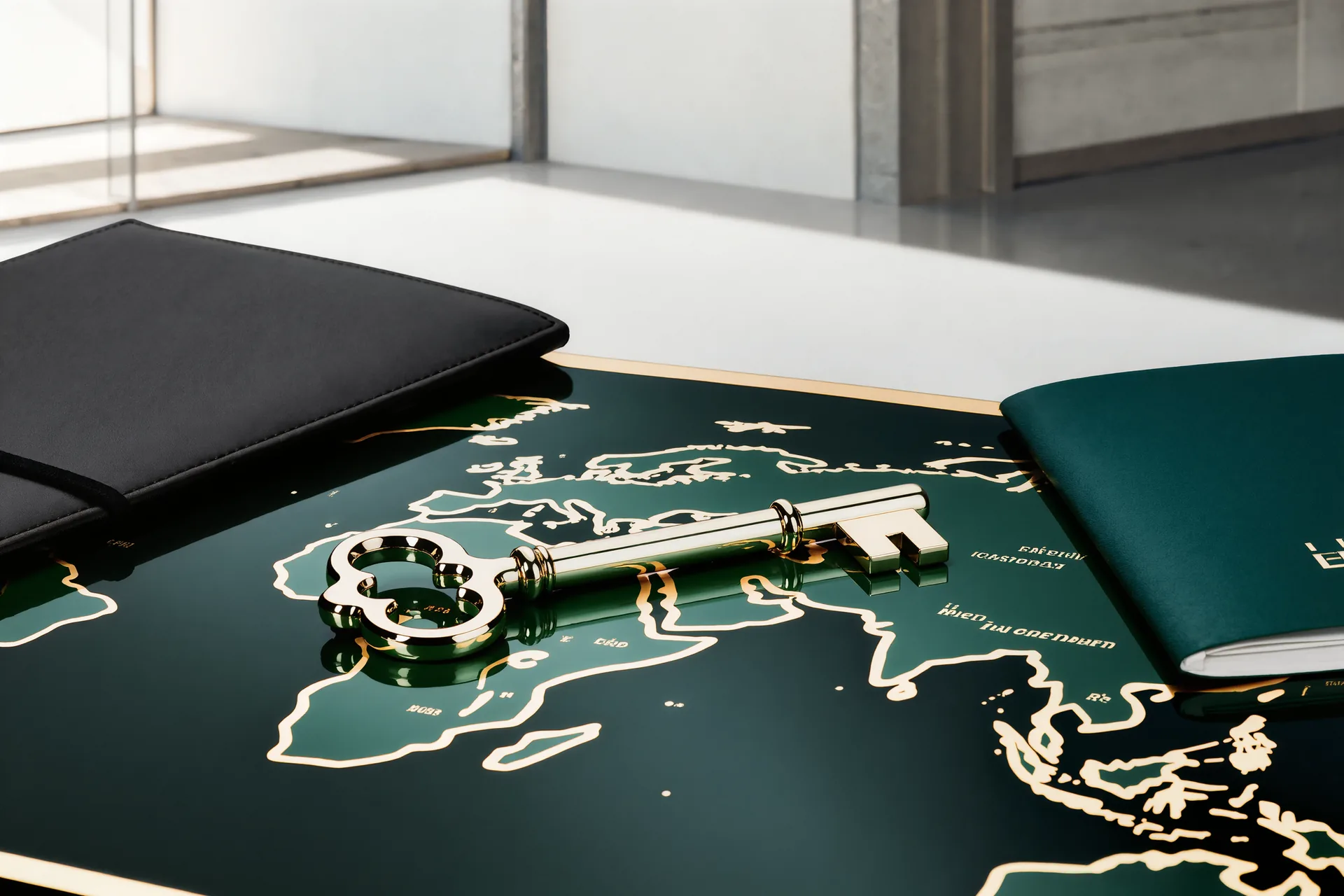 Un trousseau de clés posé sur une carte du monde dépliée, près d'un passeport et d'un carnet de notes.