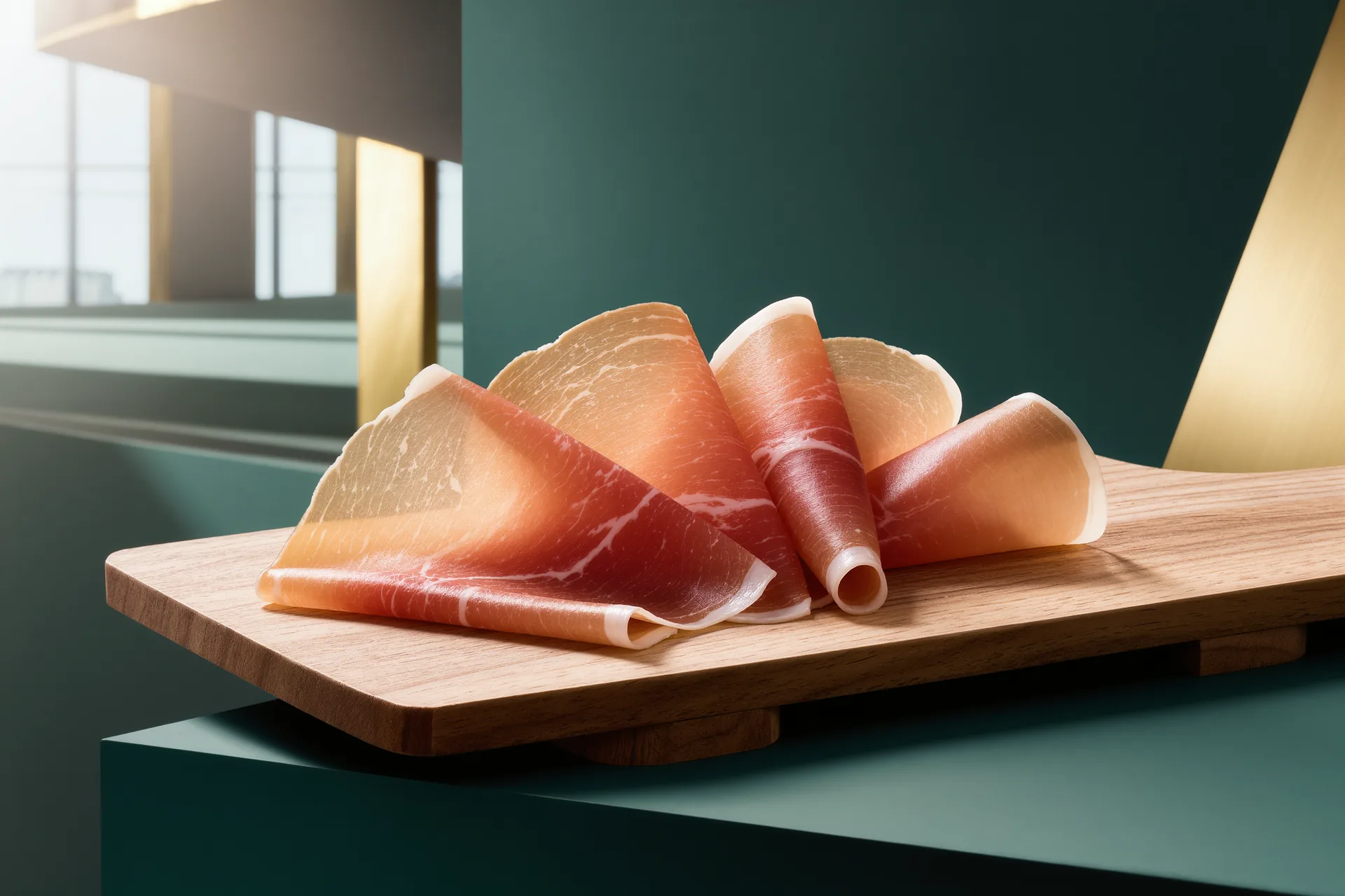 Fines tranches de jambon affiné translucides disposées en éventail sur une planche de bois