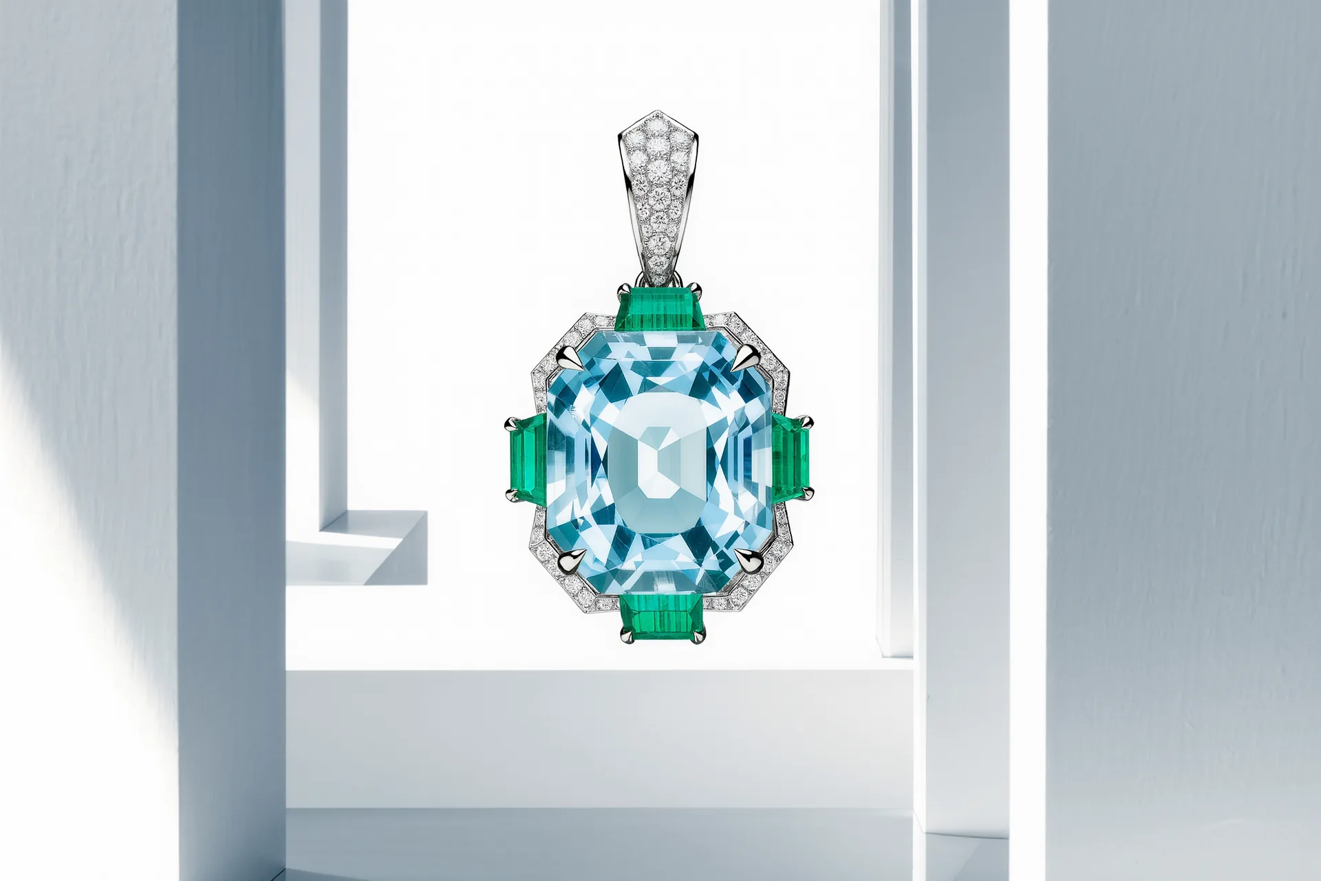 Une aigue-marine bleu clair de grande taille, limpide, sertie sur un pendentif en or blanc