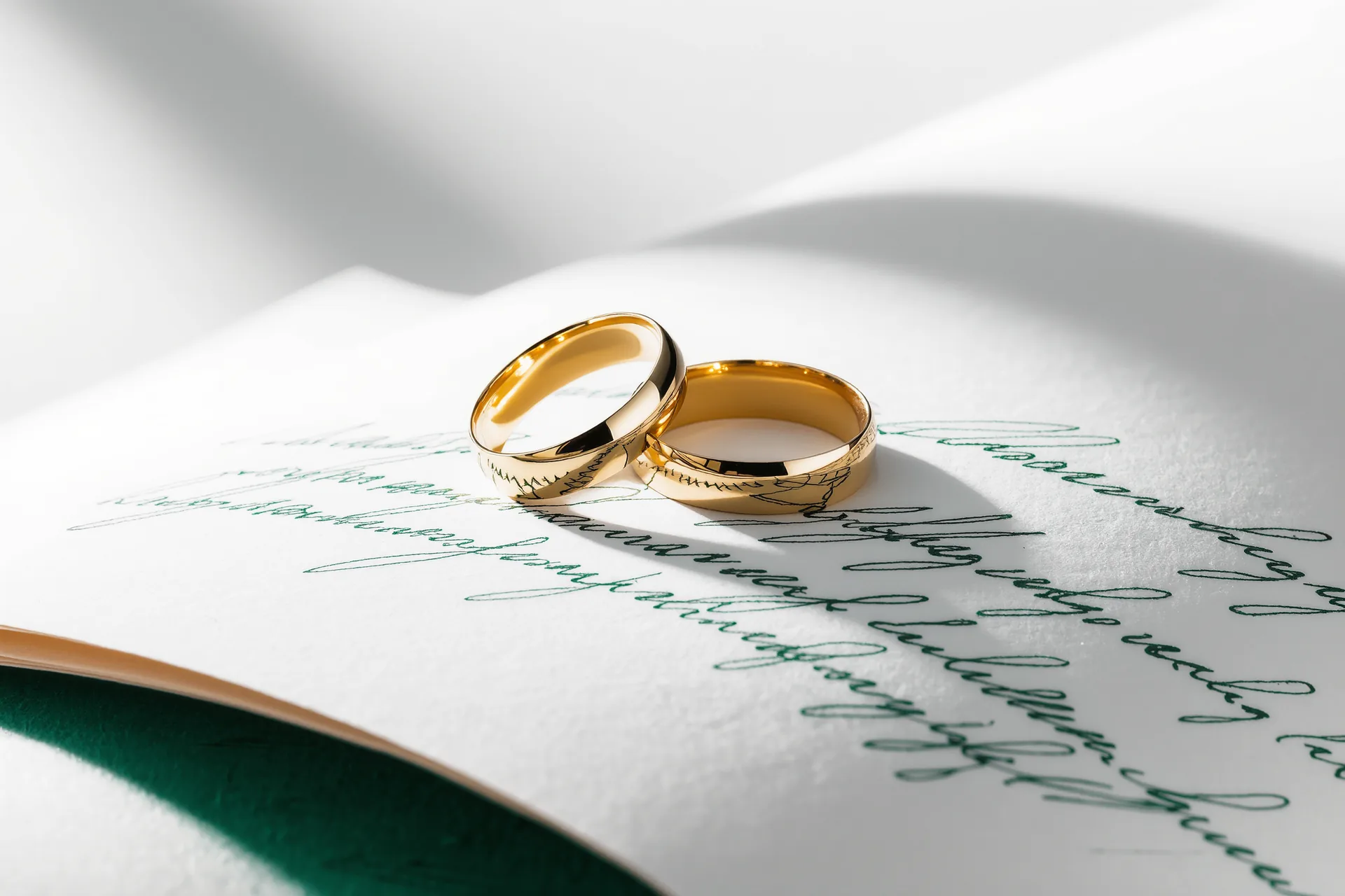 Deux alliances en or posées côte à côte sur une page manuscrite ouverte.