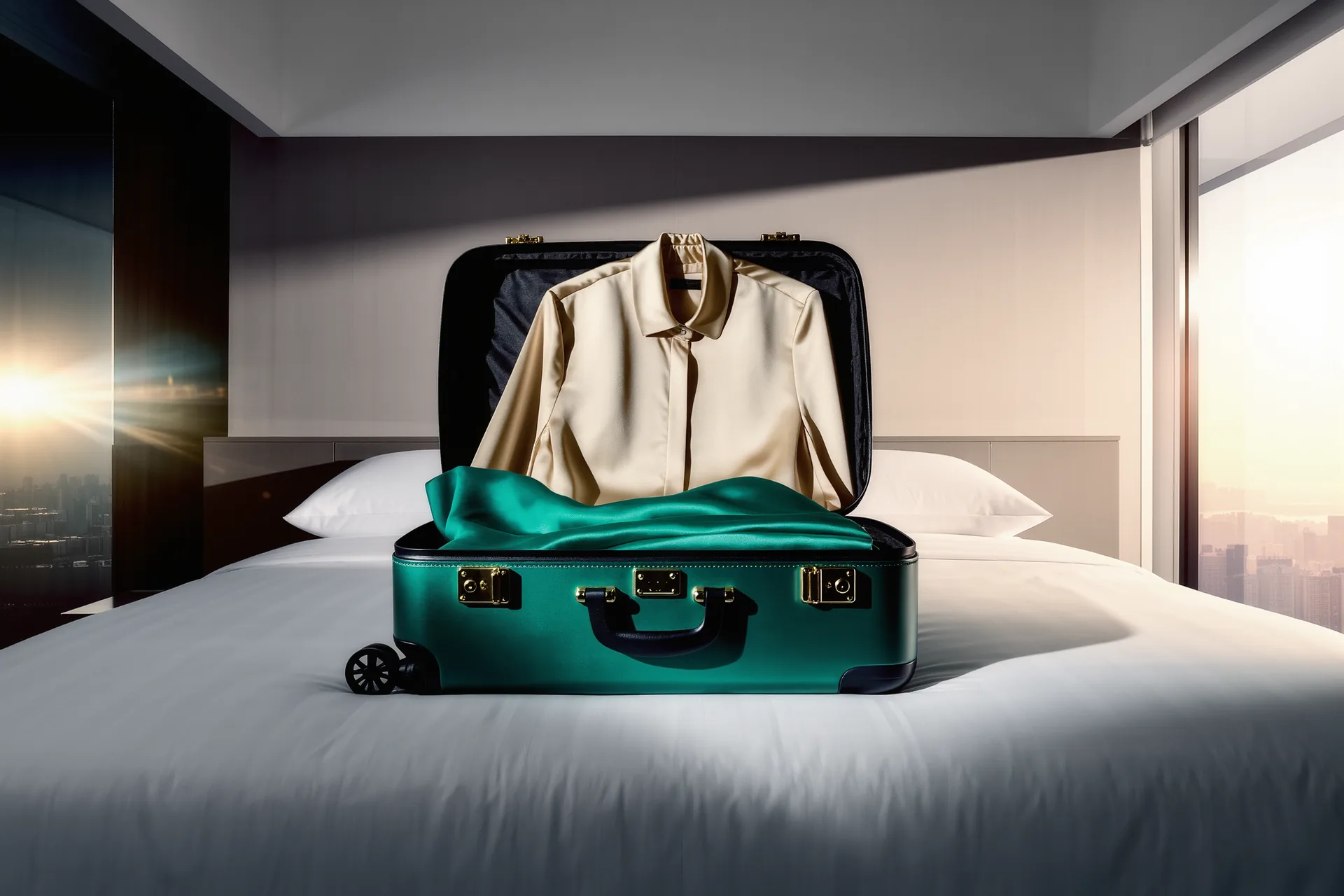Valise ouverte sur un lit, vêtements pliés avec soin, lumière douce du matin par la fenêtre