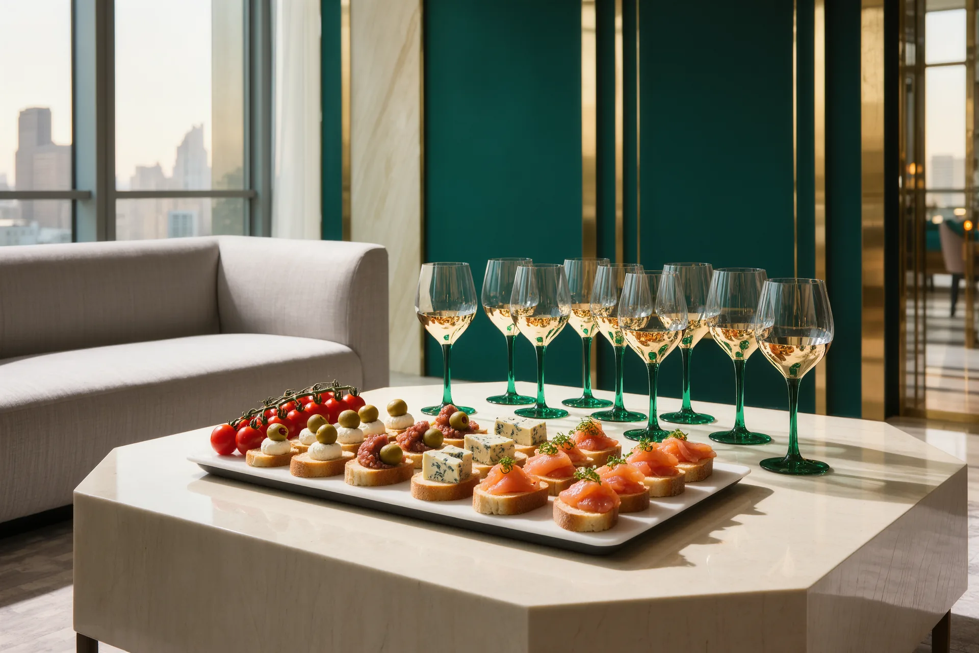 Plateau d'apéritif dressé, verres alignés et quelques bouchées disposées dans un salon accueillant