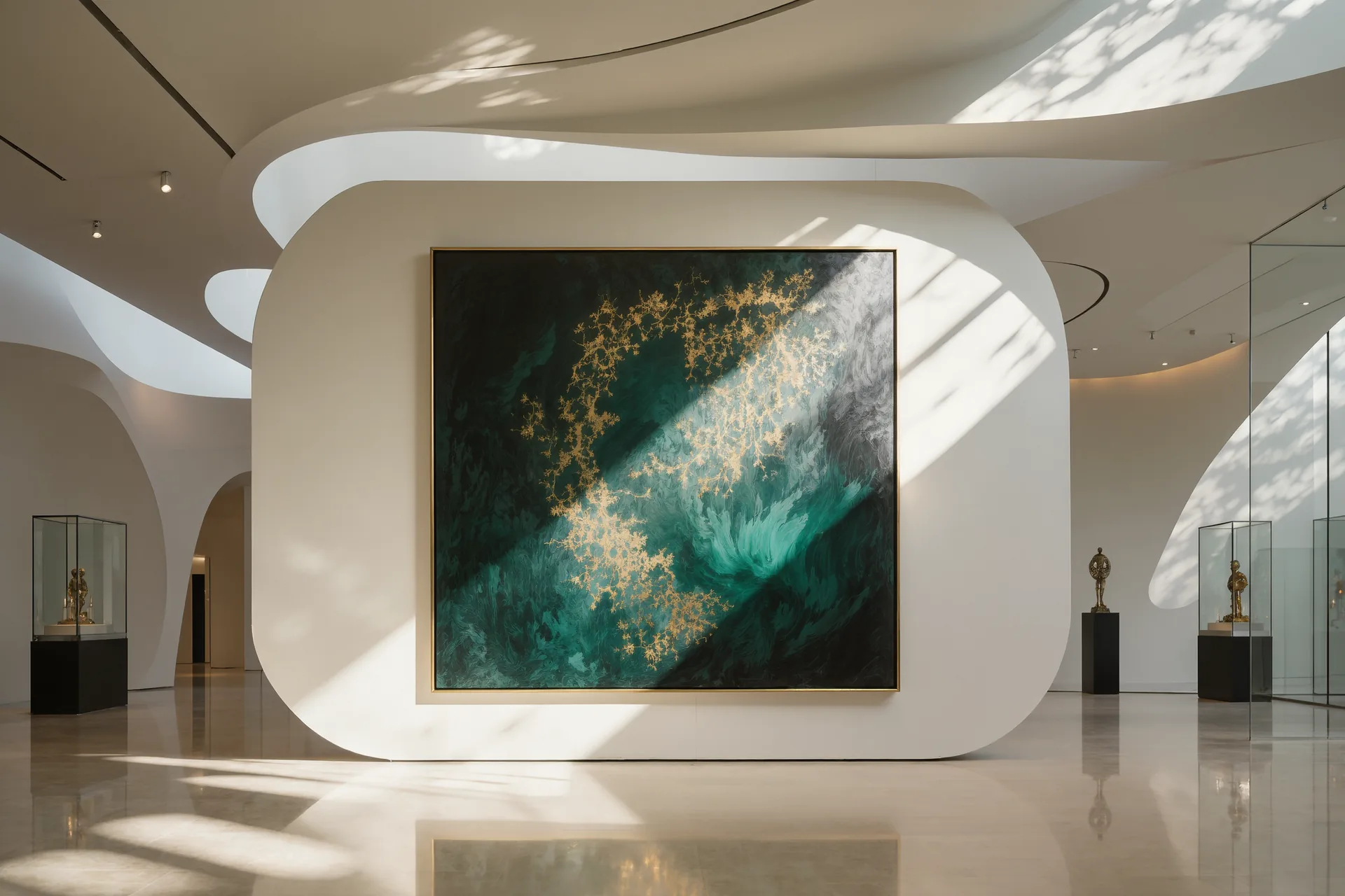 Une salle de musée presque déserte au matin, une seule toile éclairée par la lumière du jour