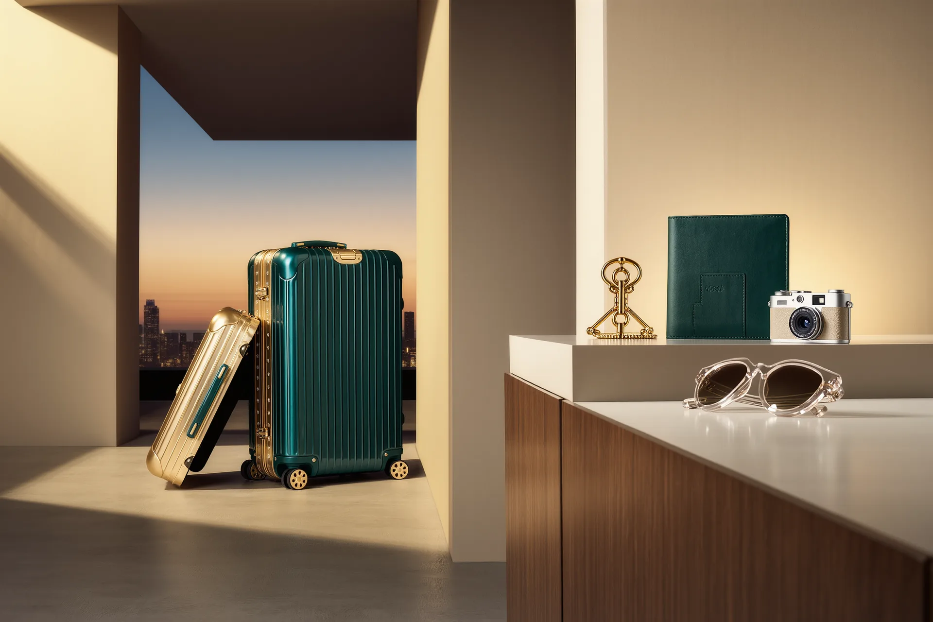 Valise ouverte à demi défaite dans une entrée, lumière du soir, objets de voyage posés sur une console