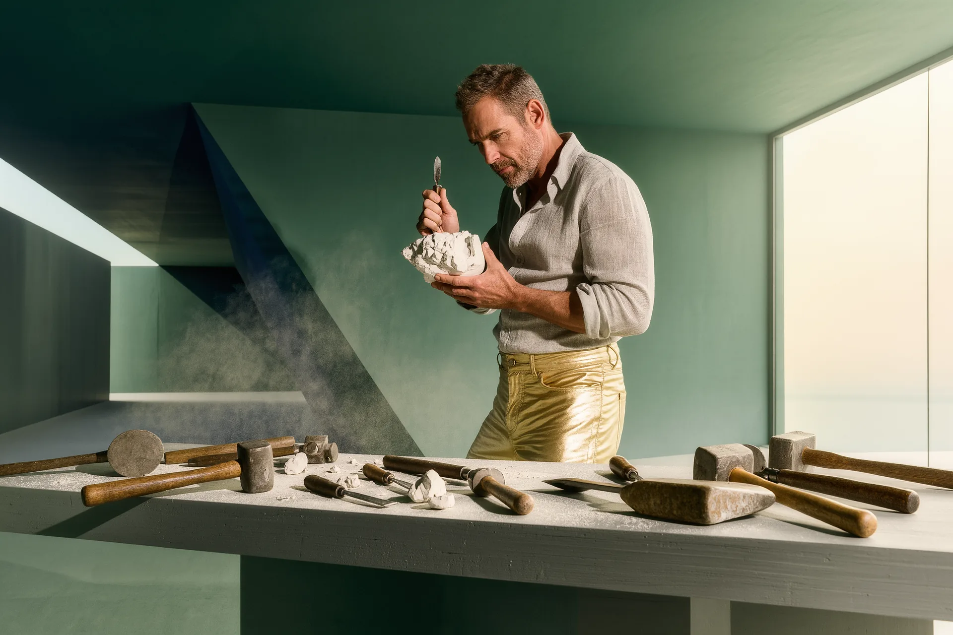 Mains d'un artisan d'art restaurant une moulure en plâtre dans l'atelier, poussière et outils anciens