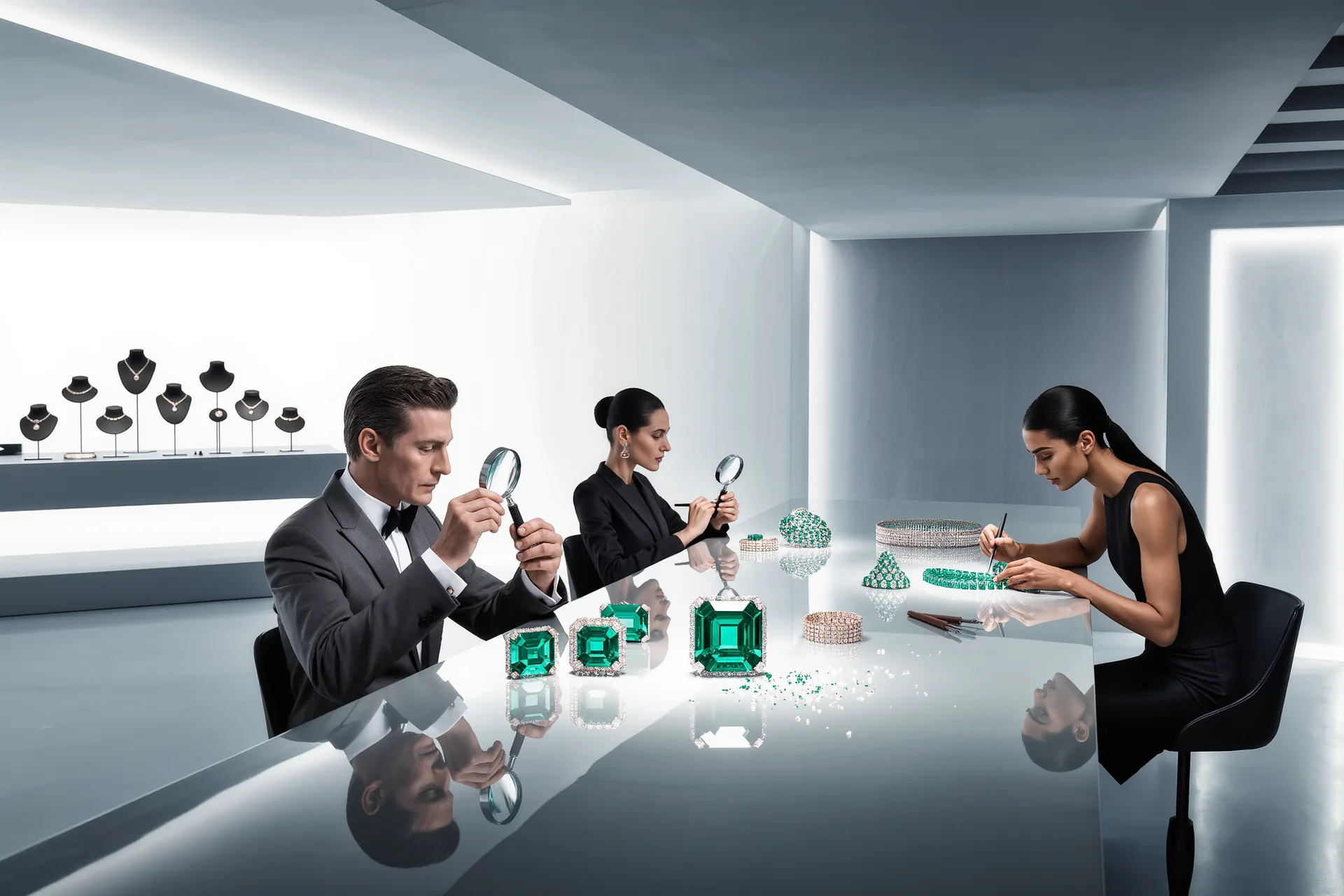 Vue d'ensemble d'un atelier de haute joaillerie, plusieurs artisans penchés sur leurs établis sous une lumière égale.