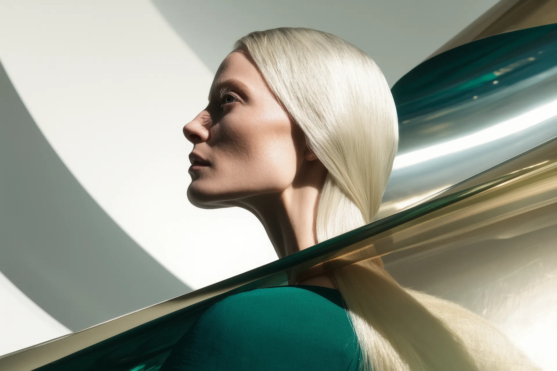 Visage de profil sous une lumière tamisée, la peau renvoyant un reflet doux sur la pommette