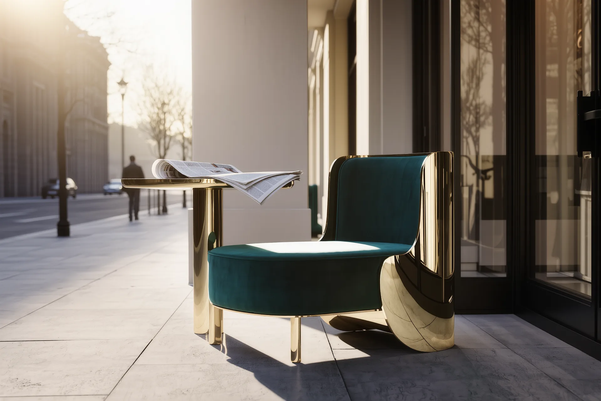 Terrasse de café le matin dans une rue tranquille, une chaise, un journal, la lumière rasante