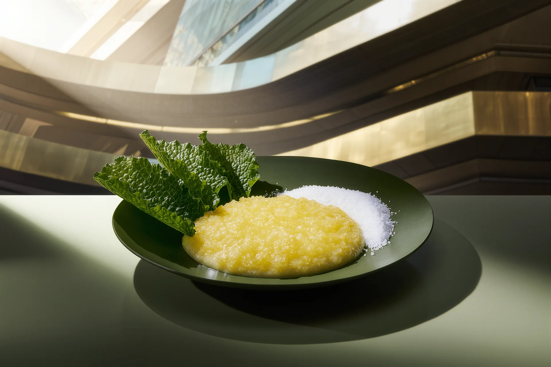 Un trait de jus de citron pressé au-dessus d'un plat, quelques feuilles amères et une pincée de sel disposées à côté.