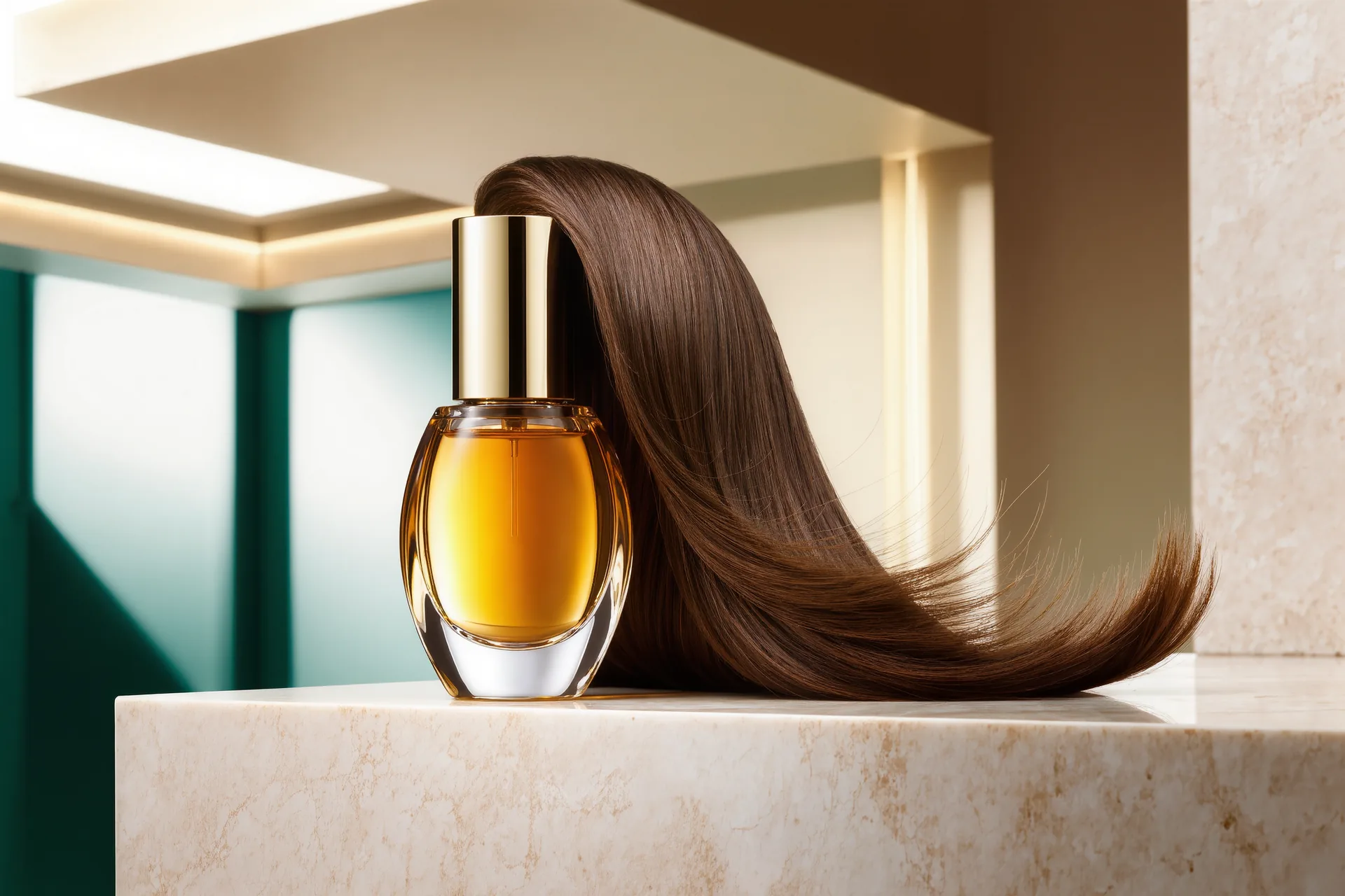 Un flacon d'huile capillaire ambrée et une mèche de cheveux longs posés sur un plan de marbre clair