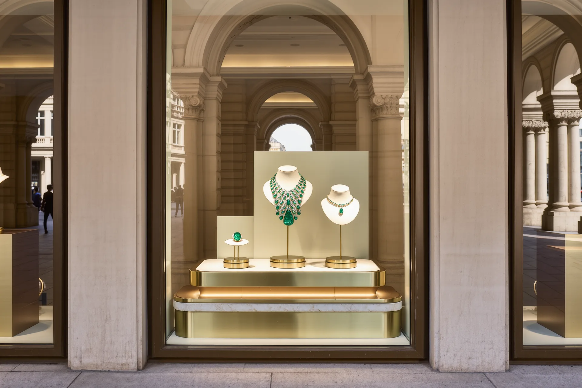 Vitrine d'une boutique de luxe au rez-de-chaussée d'un immeuble haussmannien, laiton poli et pierre claire.
