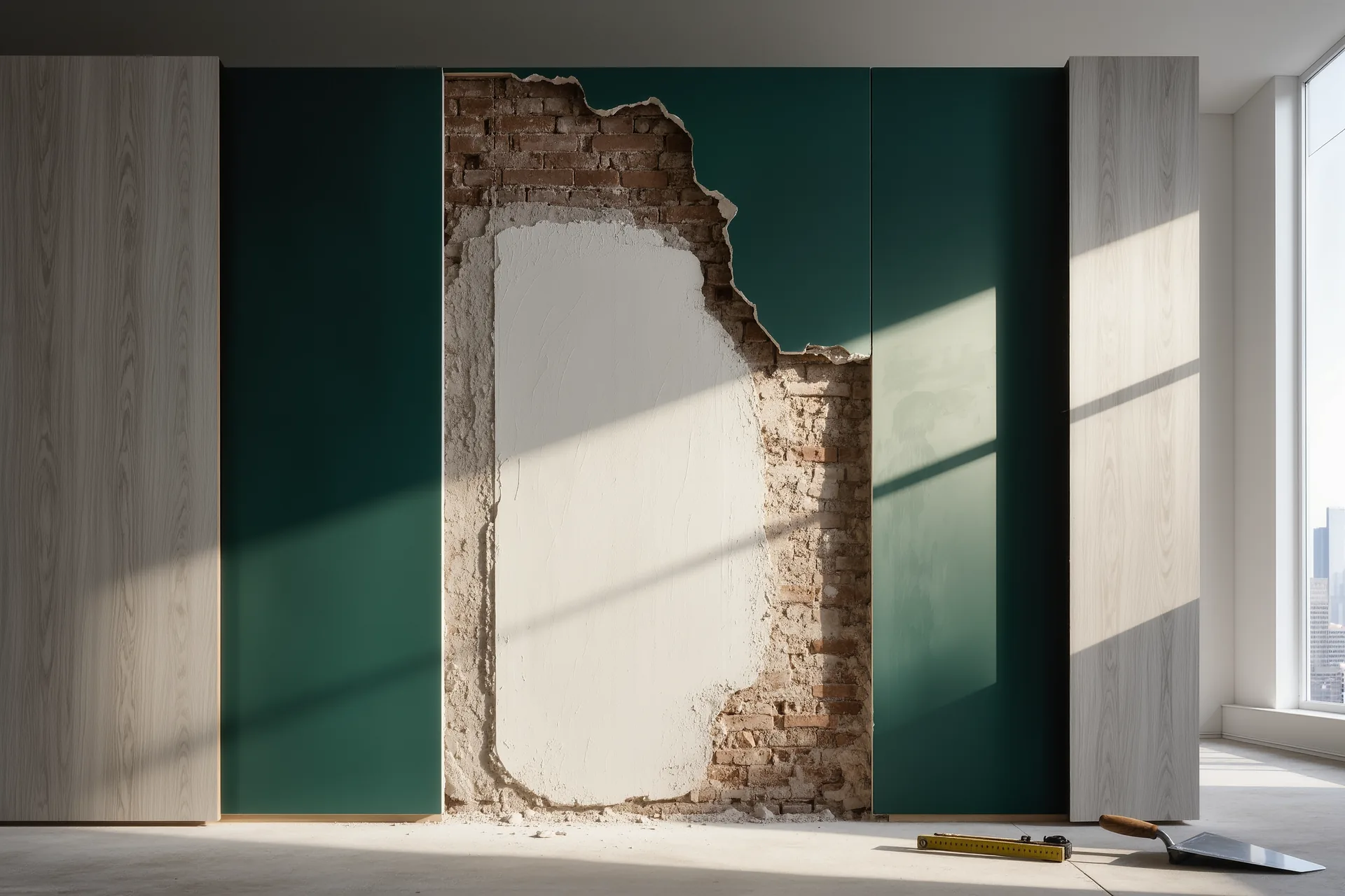 Mur ancien en cours d'isolation intérieure avec panneaux de fibre de bois et enduit à la chaux