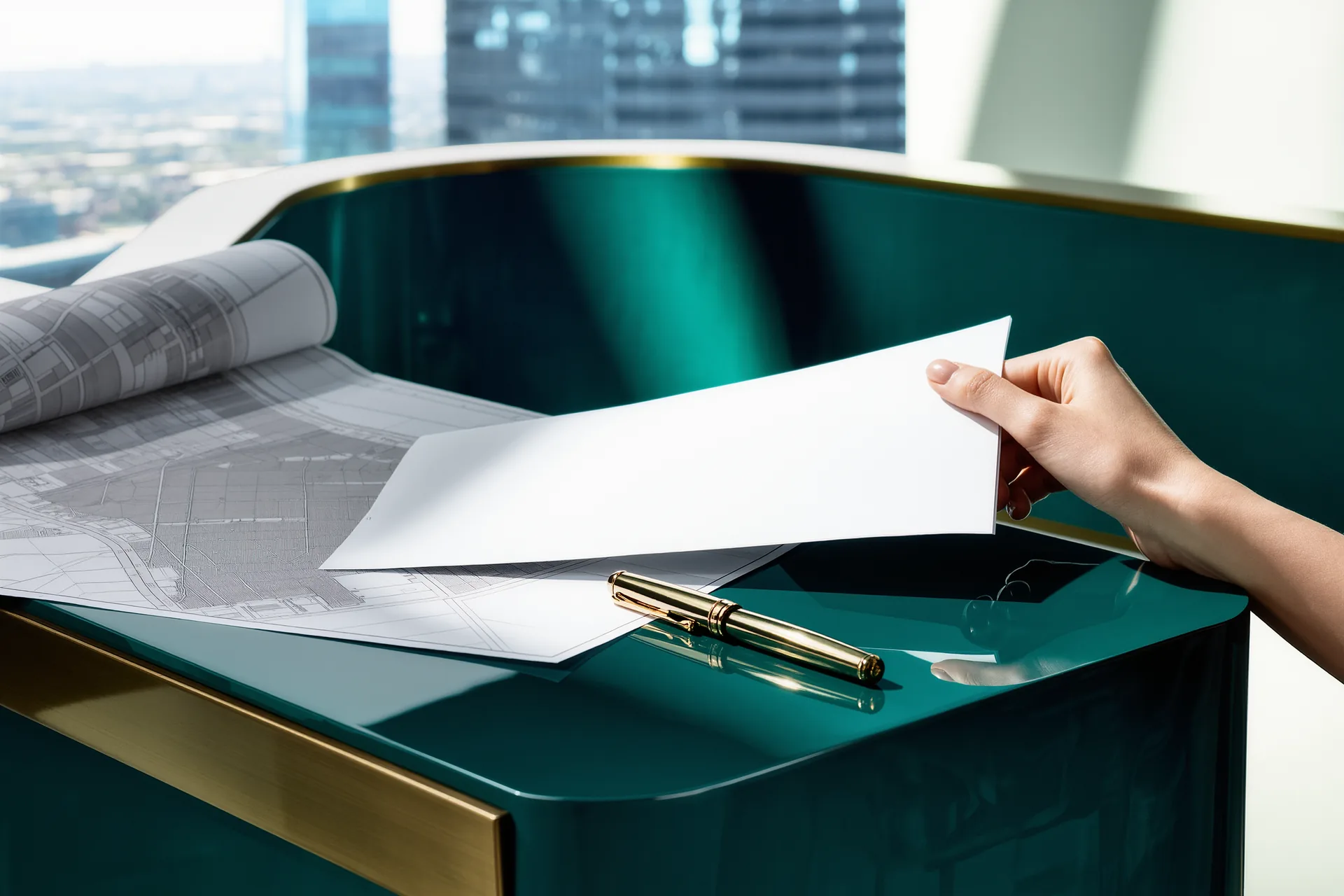 Une main pose une lettre d'offre d'achat sur le bureau d'une agence, stylo et plan cadastral à côté.