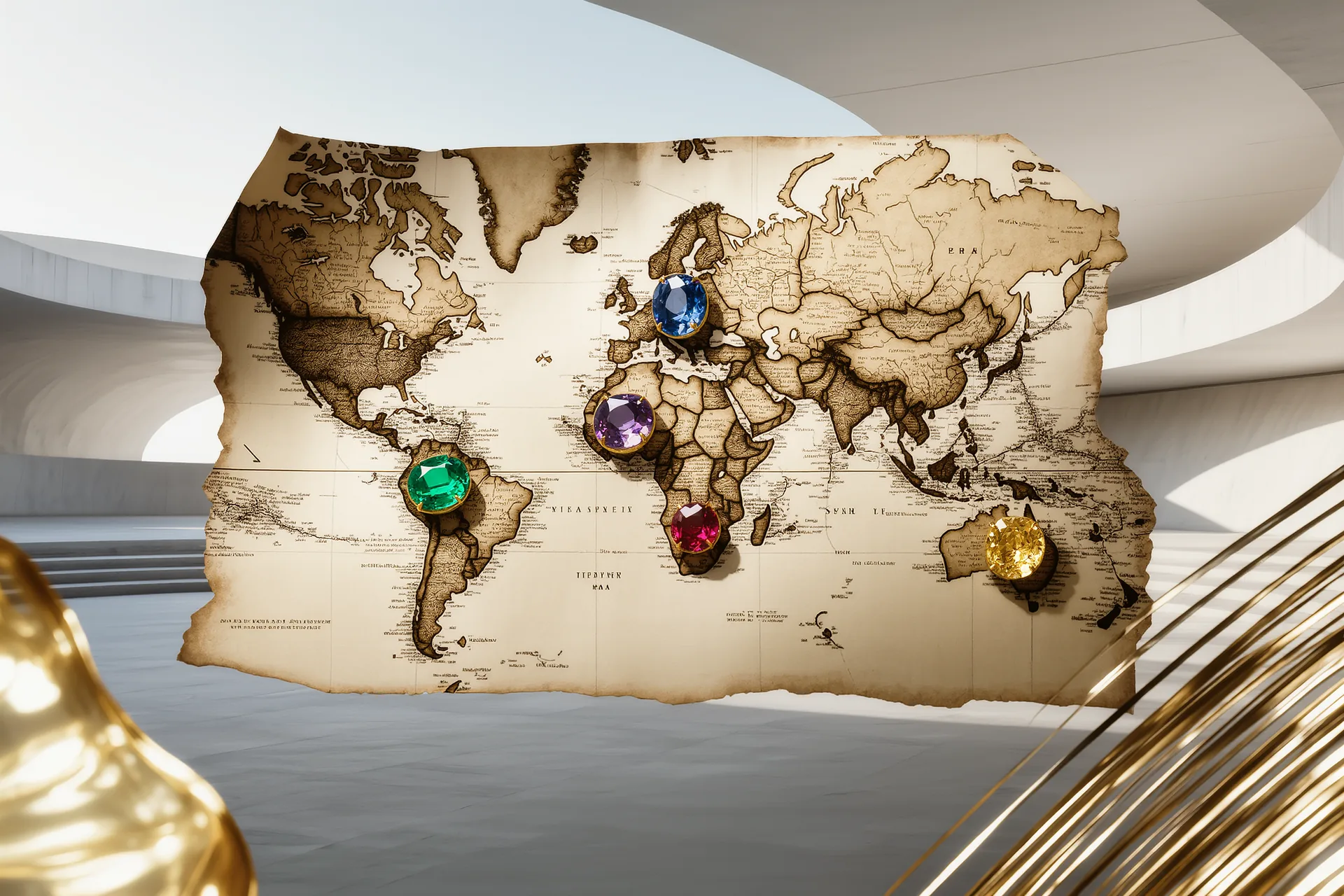 Une carte ancienne du monde avec plusieurs gemmes de couleur posées sur leurs régions d'origine