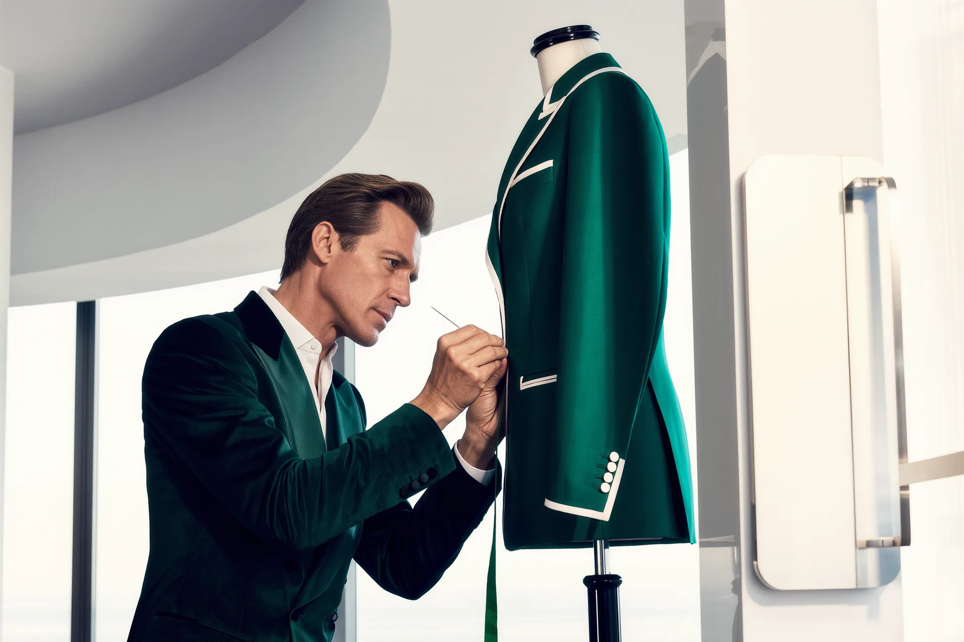Les mains d'un retoucheur épinglant l'ourlet d'un pantalon sur un mannequin