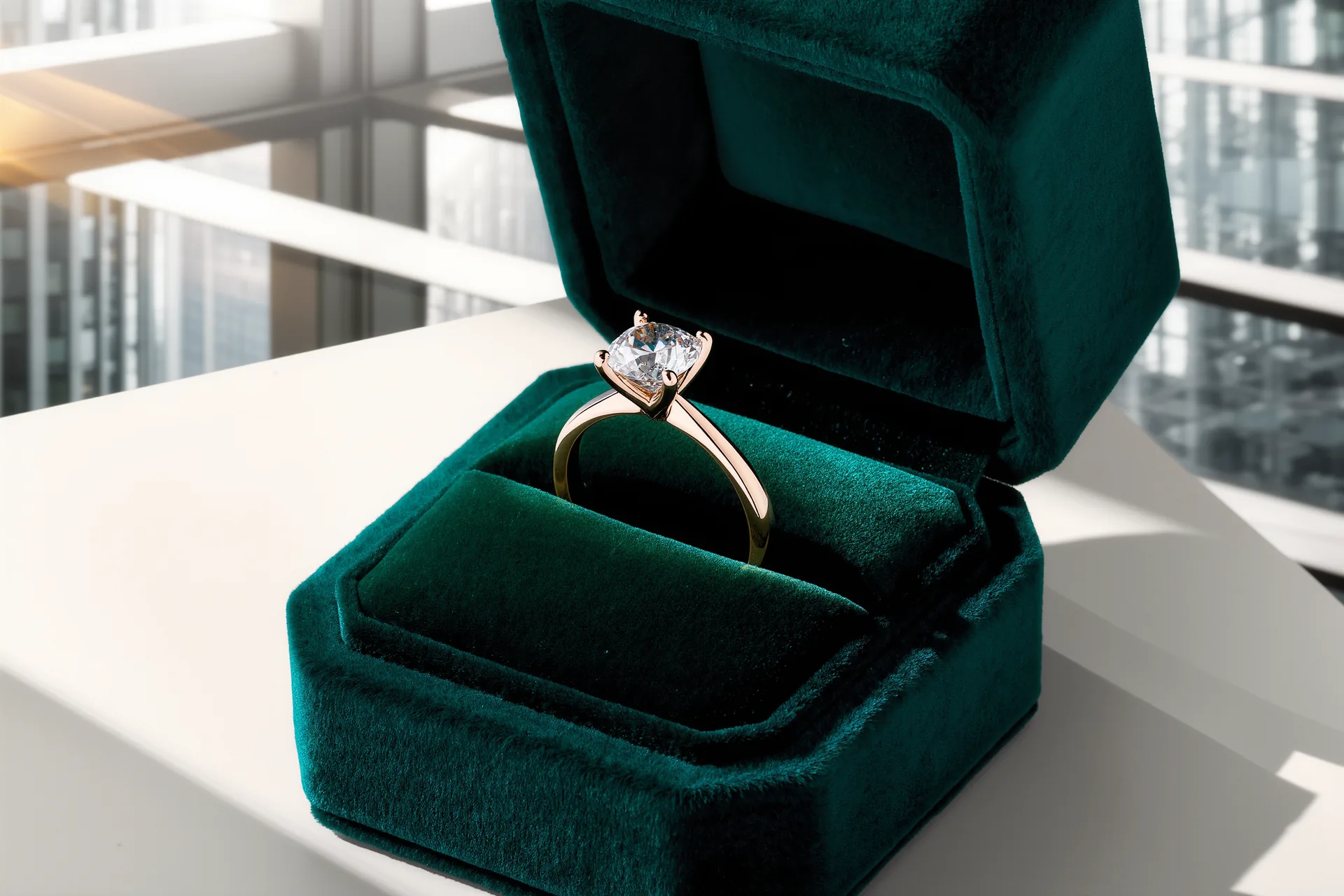 Une bague de fiançailles solitaire posée sur un écrin de velours, lumière rasante.