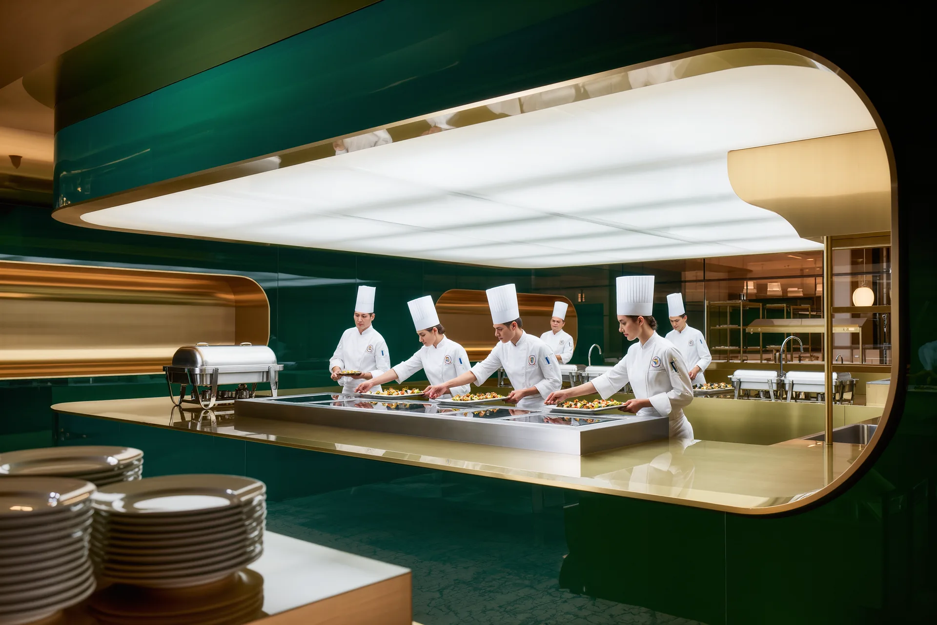 Une brigade de cuisine en veste blanche s'active en silence autour d'un passe en inox dans une cuisine professionnelle