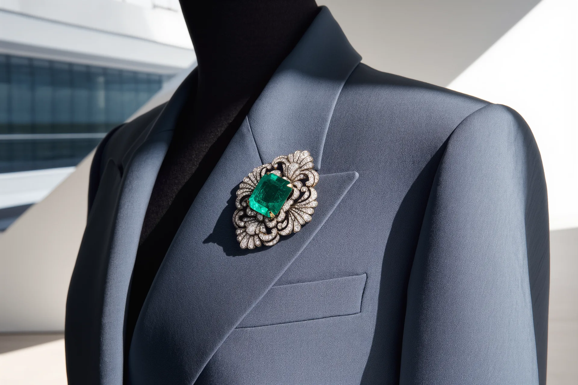 Une broche ancienne épinglée sur le revers d'une veste de tailleur en laine.