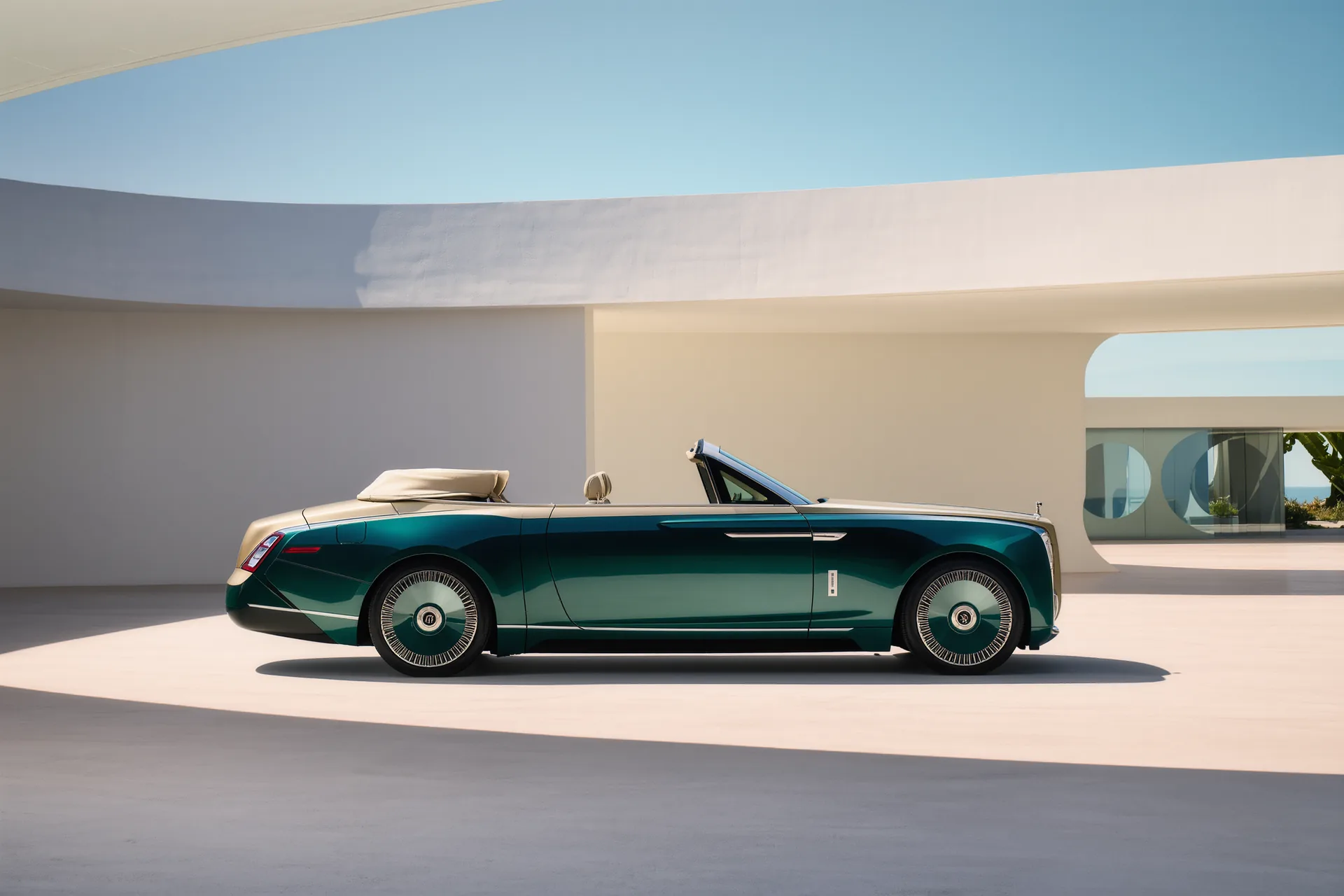 Cabriolet à capote de toile beige tendue, ligne de toit fluide se fondant dans la malle arrière