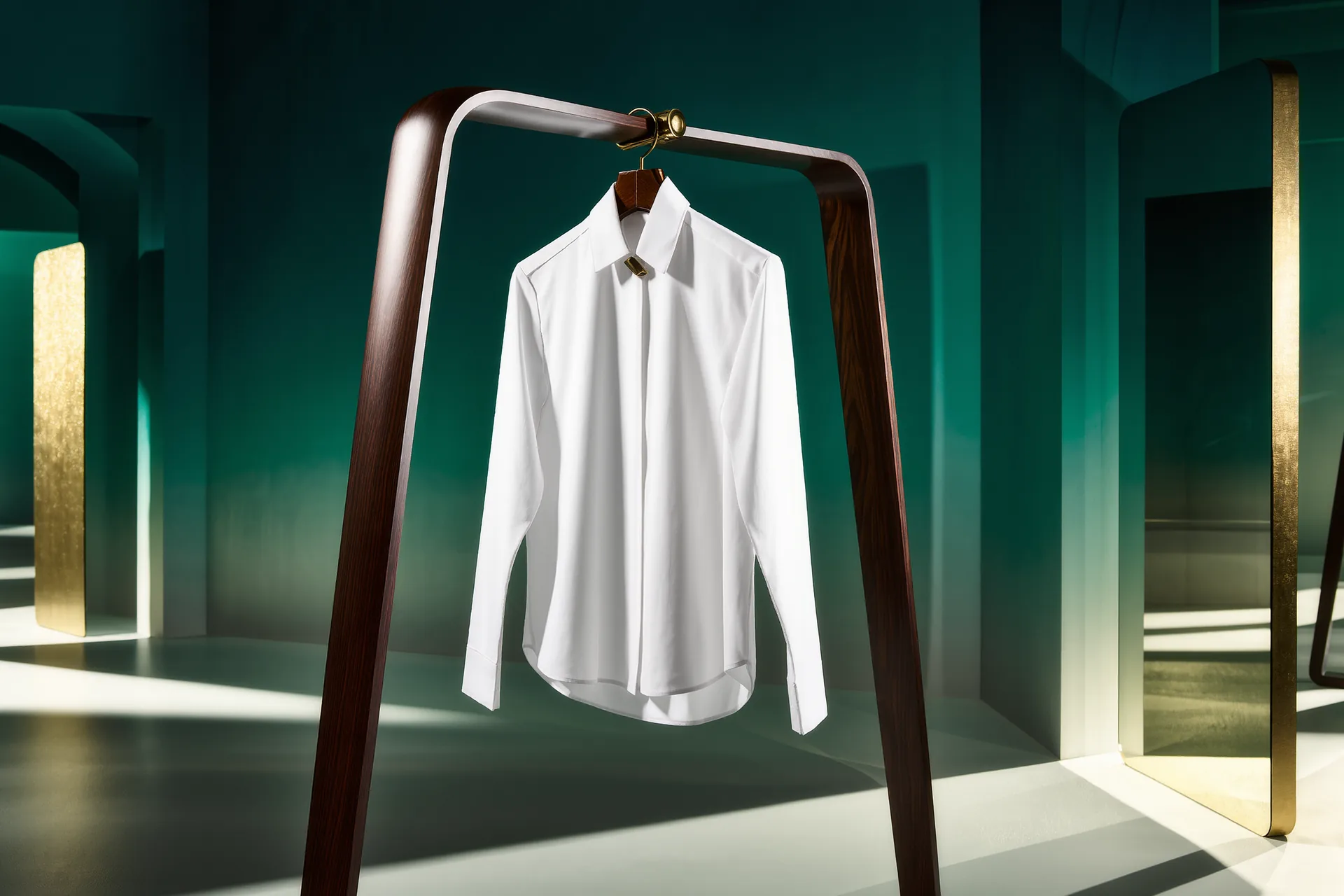 Une chemise blanche impeccablement repassée, posée sur un valet de nuit en bois sombre.