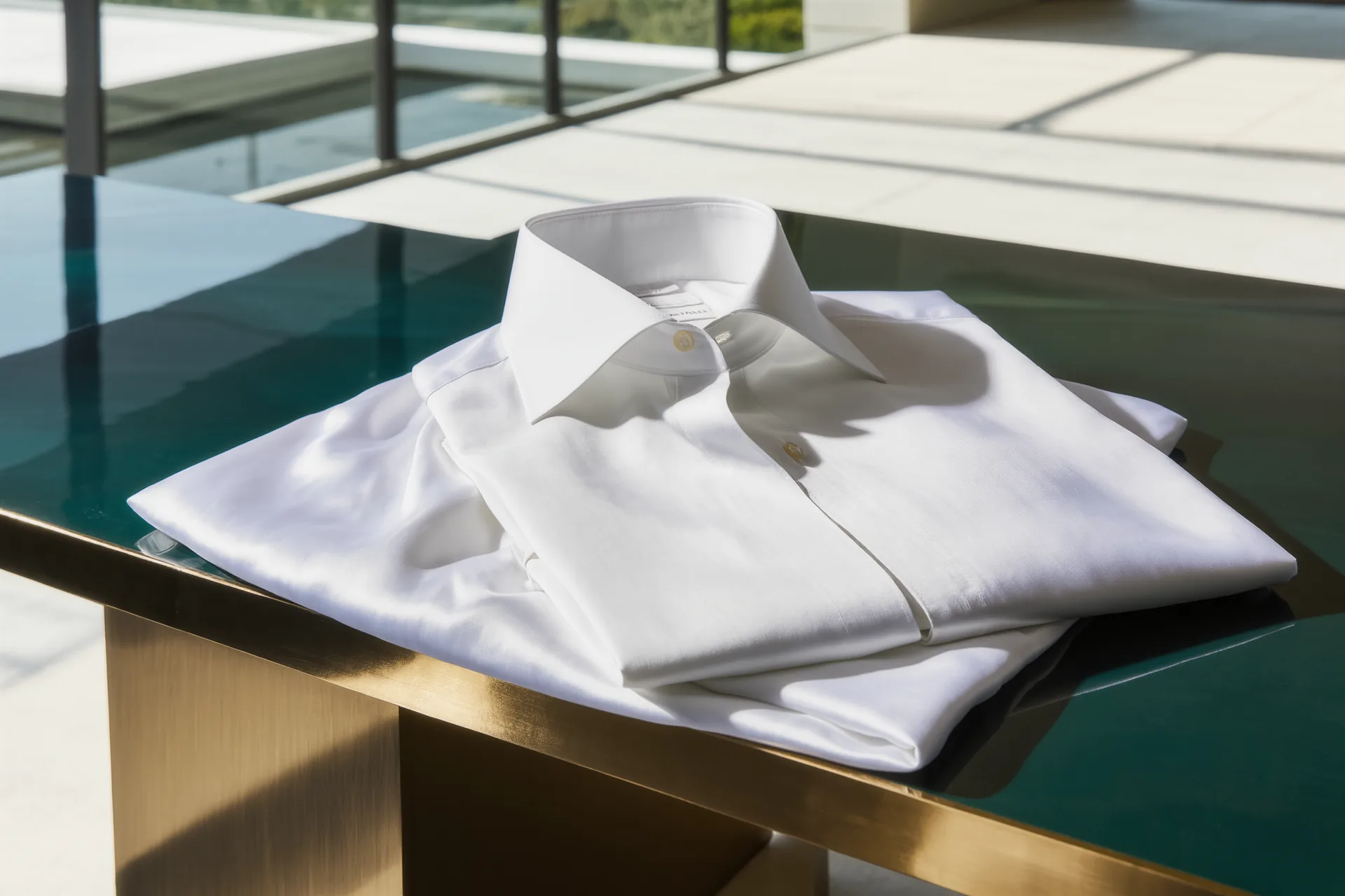 Une chemise blanche sur mesure à col italien et poignets mousquetaire, pliée sur une table