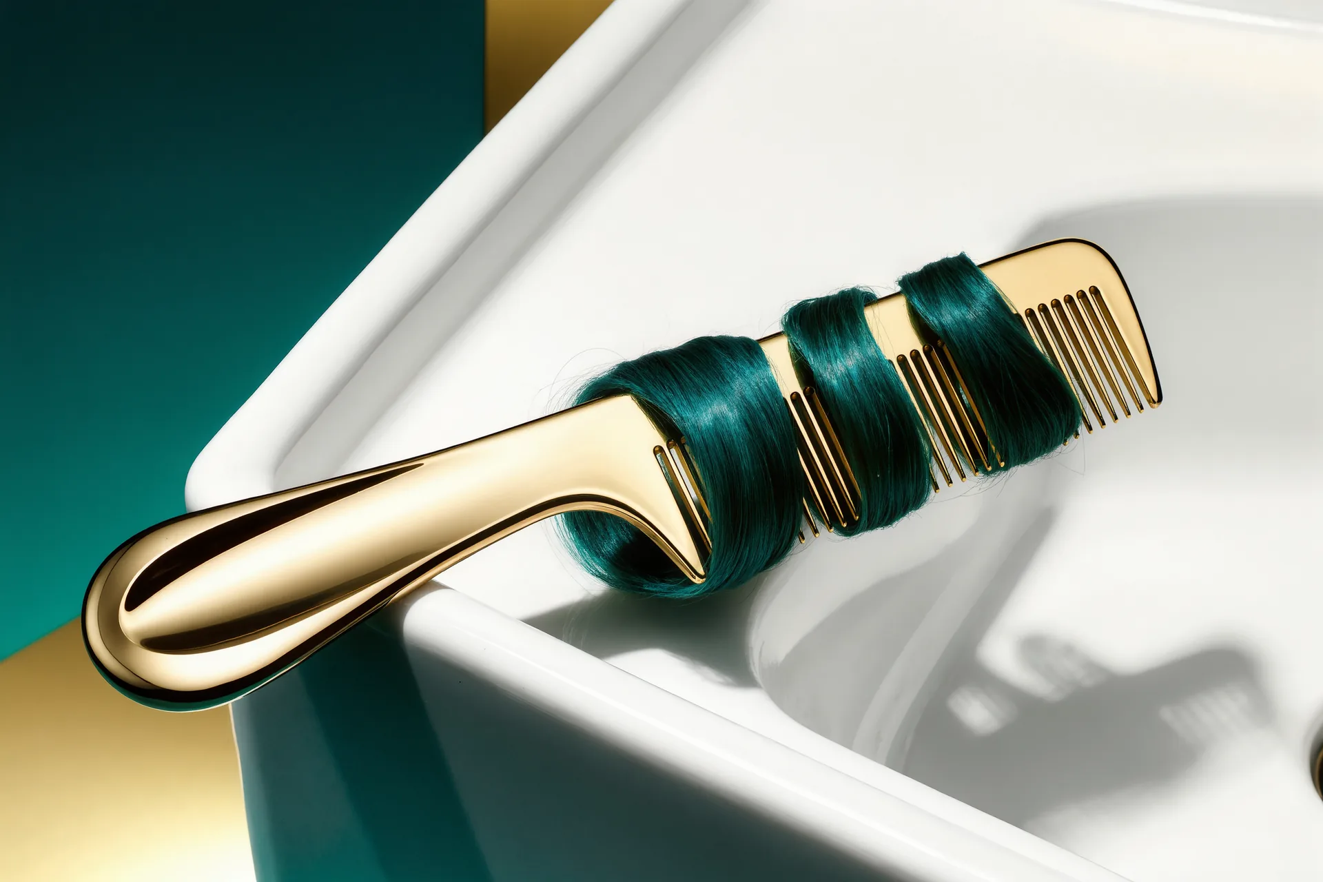 Une brosse à cheveux posée près d'un lavabo, quelques cheveux entremêlés dans ses picots, lumière neutre