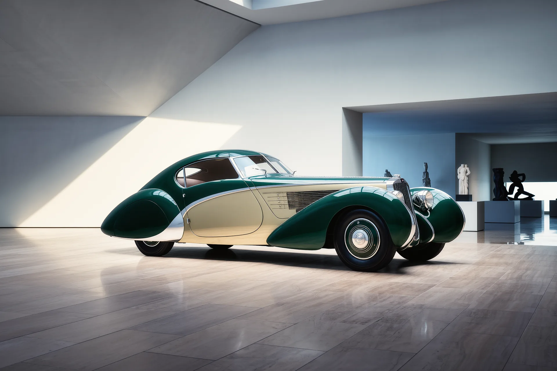 Voiture de collection sous une lumière de musée, ambiance feutrée et sol de pierre claire