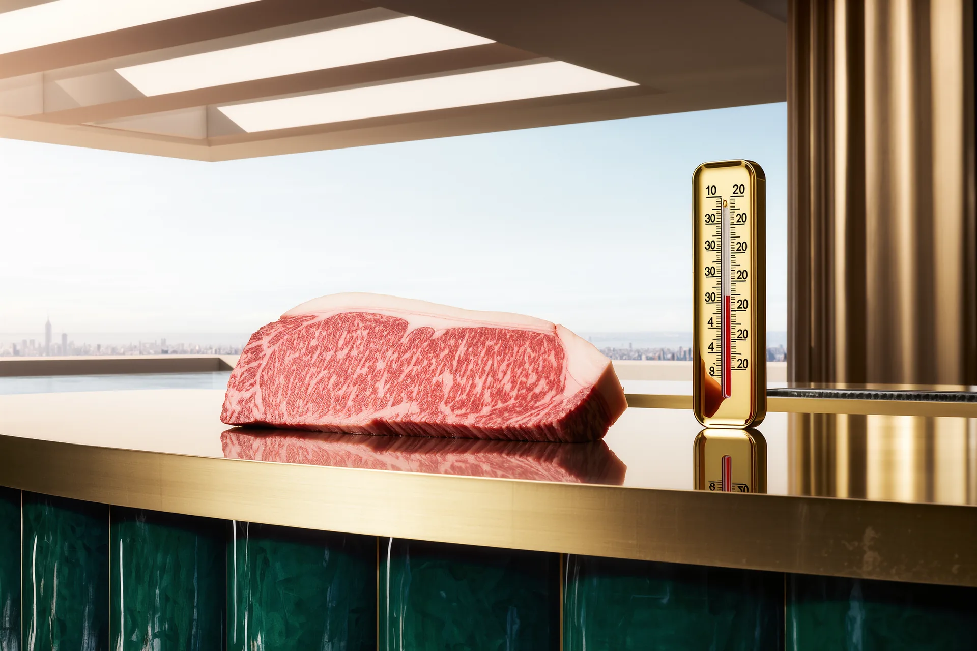Un filet de bœuf rosé de bord à bord, tranché net, à côté d'une sonde de température posée sur le plan de travail.