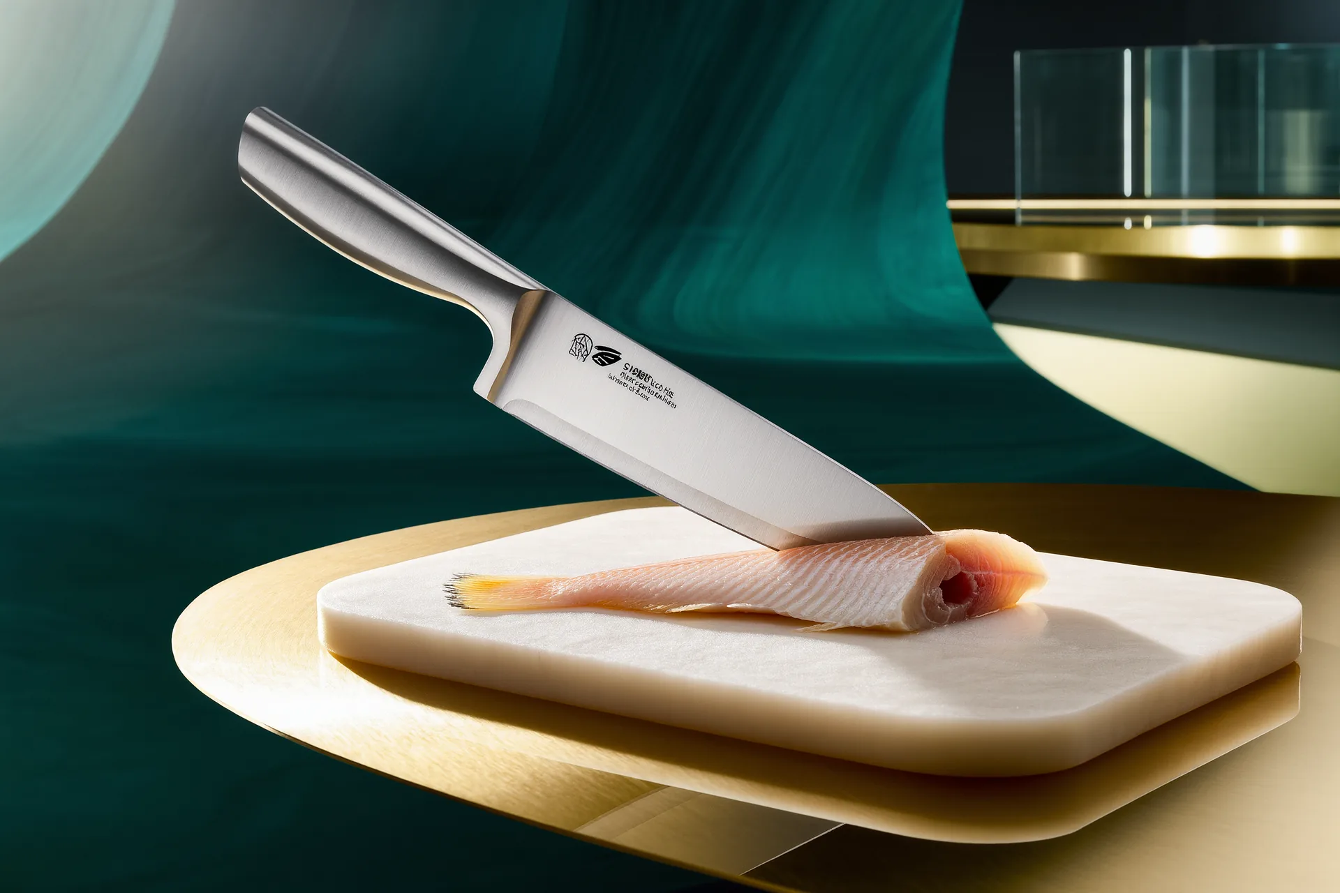 Un couteau de chef tranchant net une pièce de poisson sur une planche claire, lame inclinée, chutes écartées avec soin.