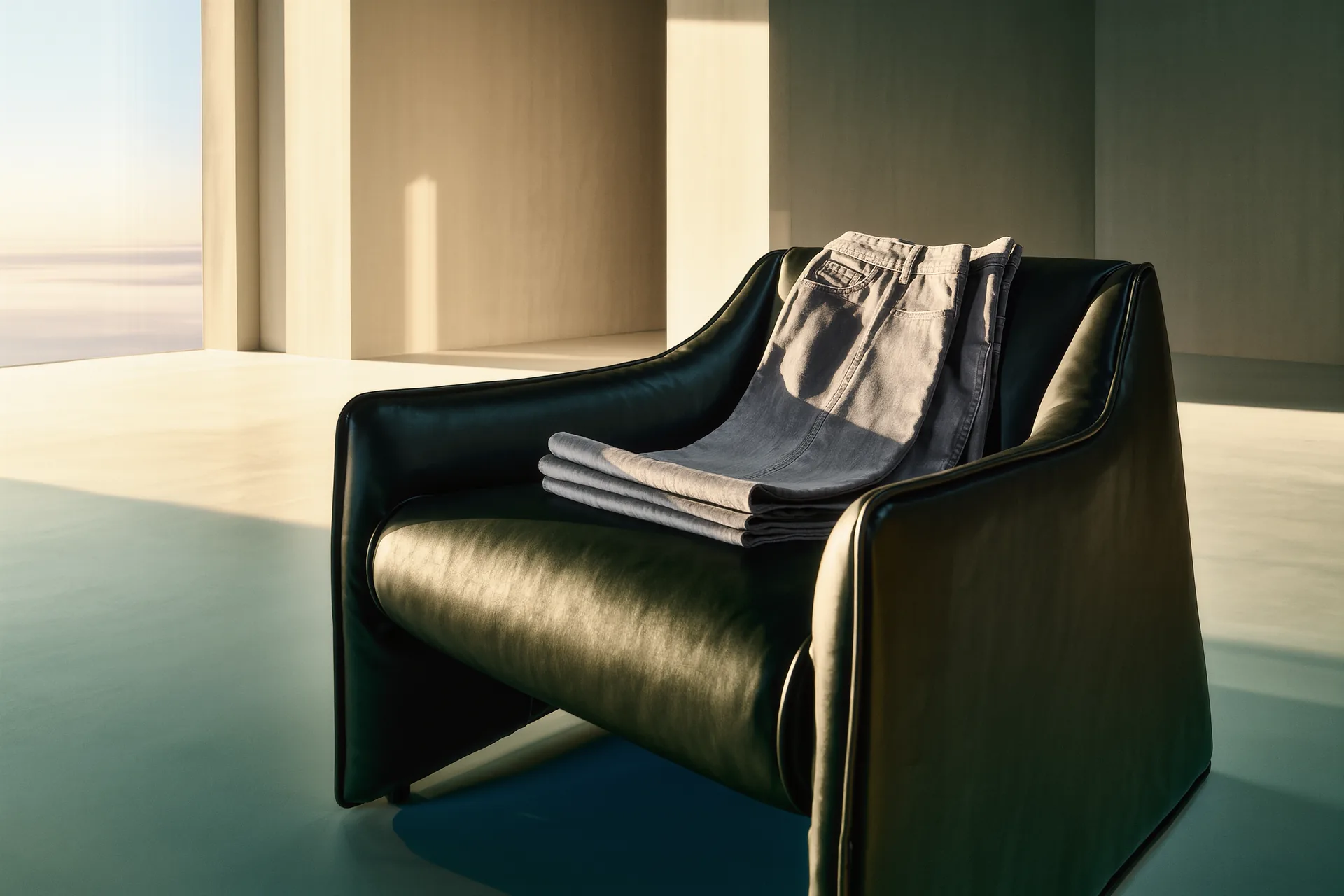 Pantalon de flanelle grise plié sur un fauteuil de cuir, lumière rasante d'un matin d'hiver