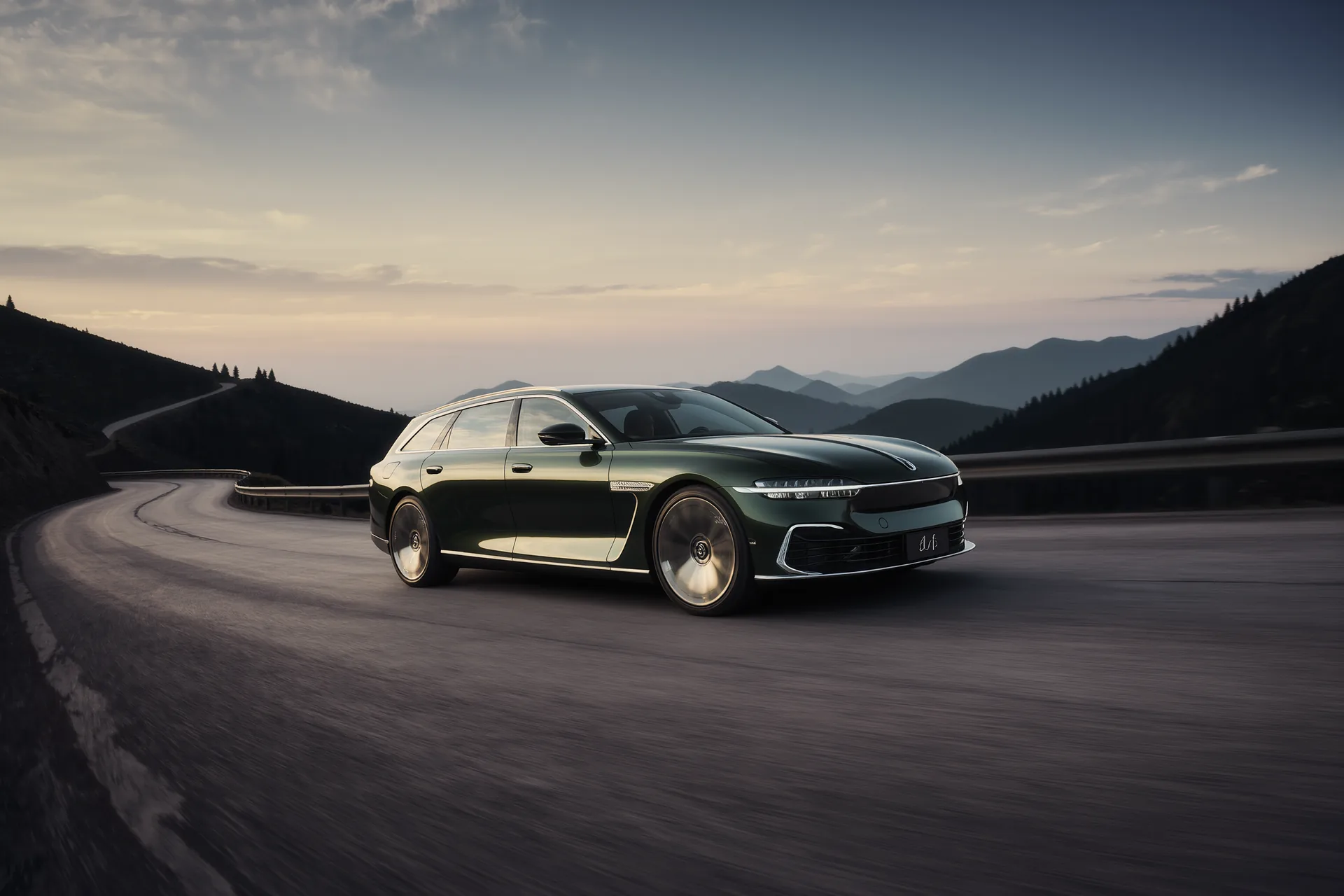 Coupé grand tourisme sombre sur une route de montagne au crépuscule, lignes tendues et longues